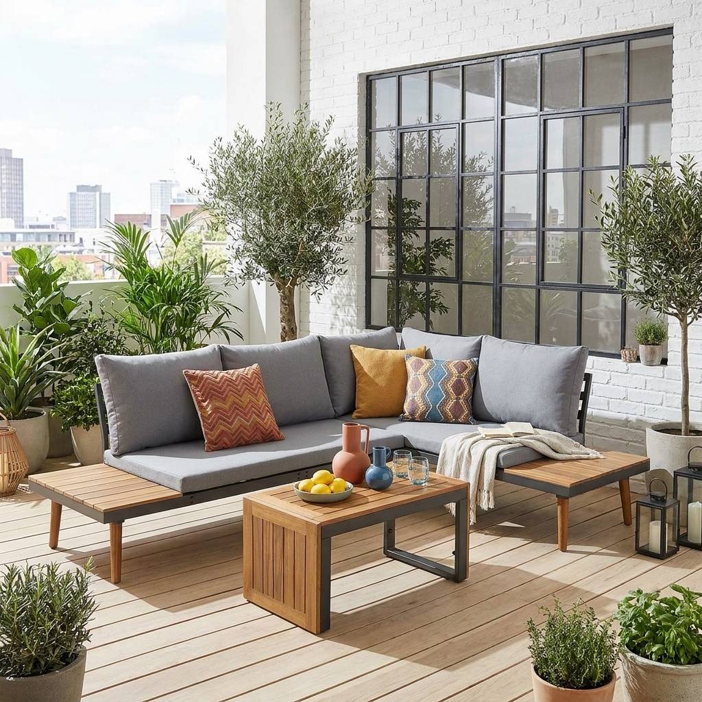 sweeek - Salon de jardin anthracite et gris  modulable en aluminium et bois d'acacia. 4 places. Sao Paulo. 140 x 68 x 65cm | sweeek