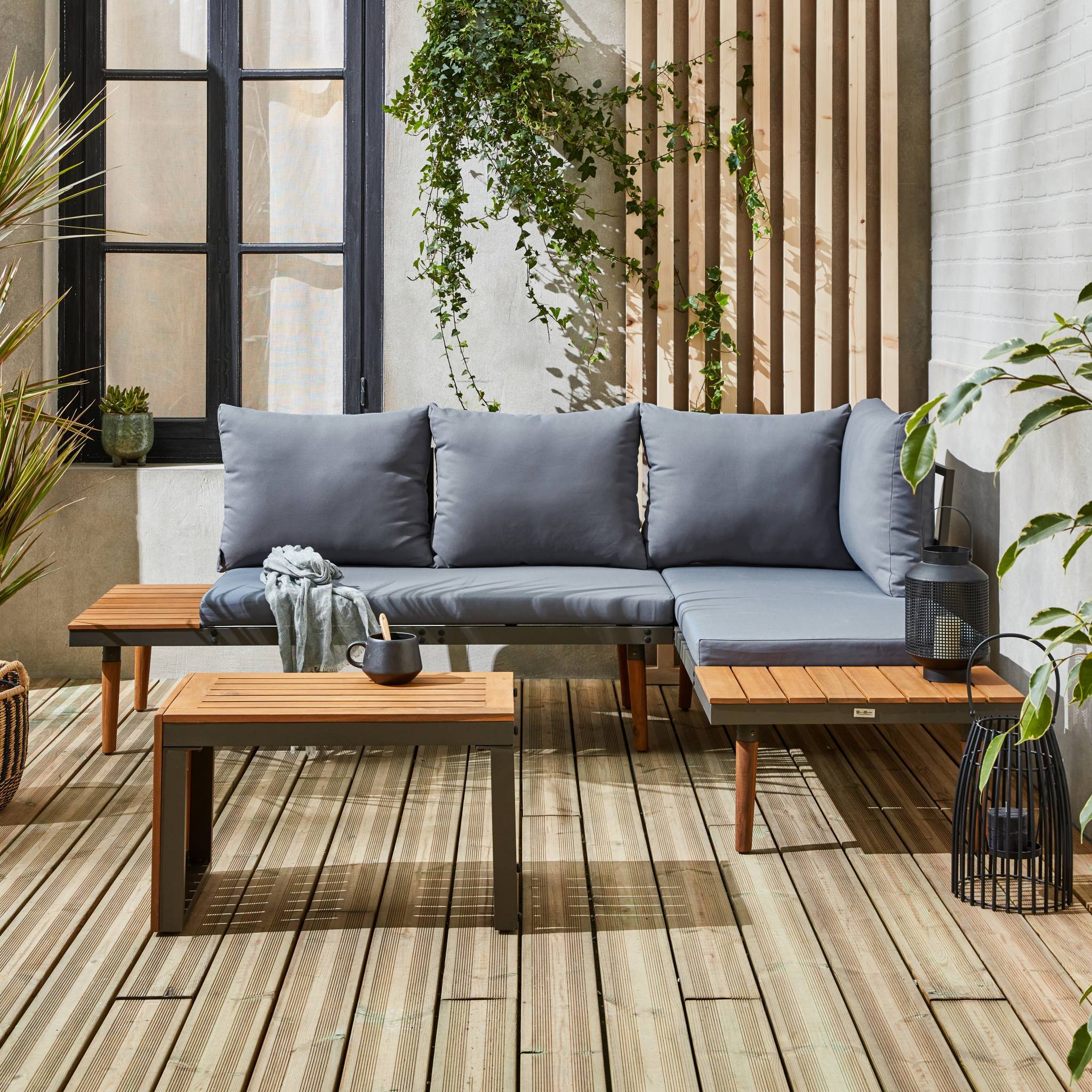 sweeek - Salon de jardin anthracite et gris  modulable en aluminium et bois d'acacia. 4 places. Sao Paulo. 140 x 68 x 65cm | sweeek - Image 3