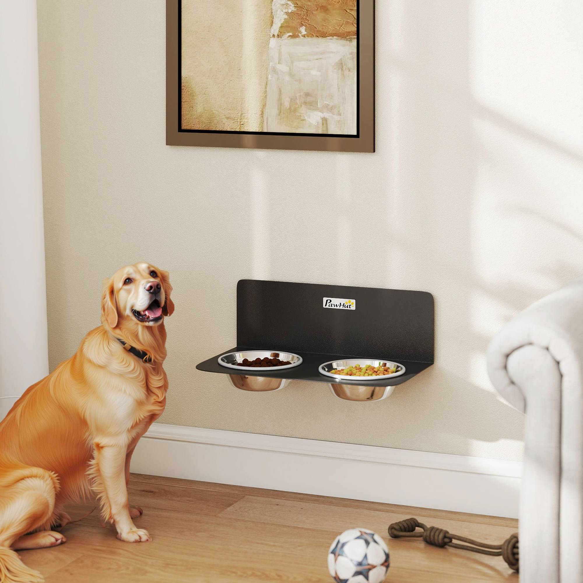 Sans Marque - Gamelle Bol pour Chien Double Gamelle Support Mural 2 Bols Acier Inox 800ml Hauteur Réglable 42x23,5x14cm Noir - Image 4