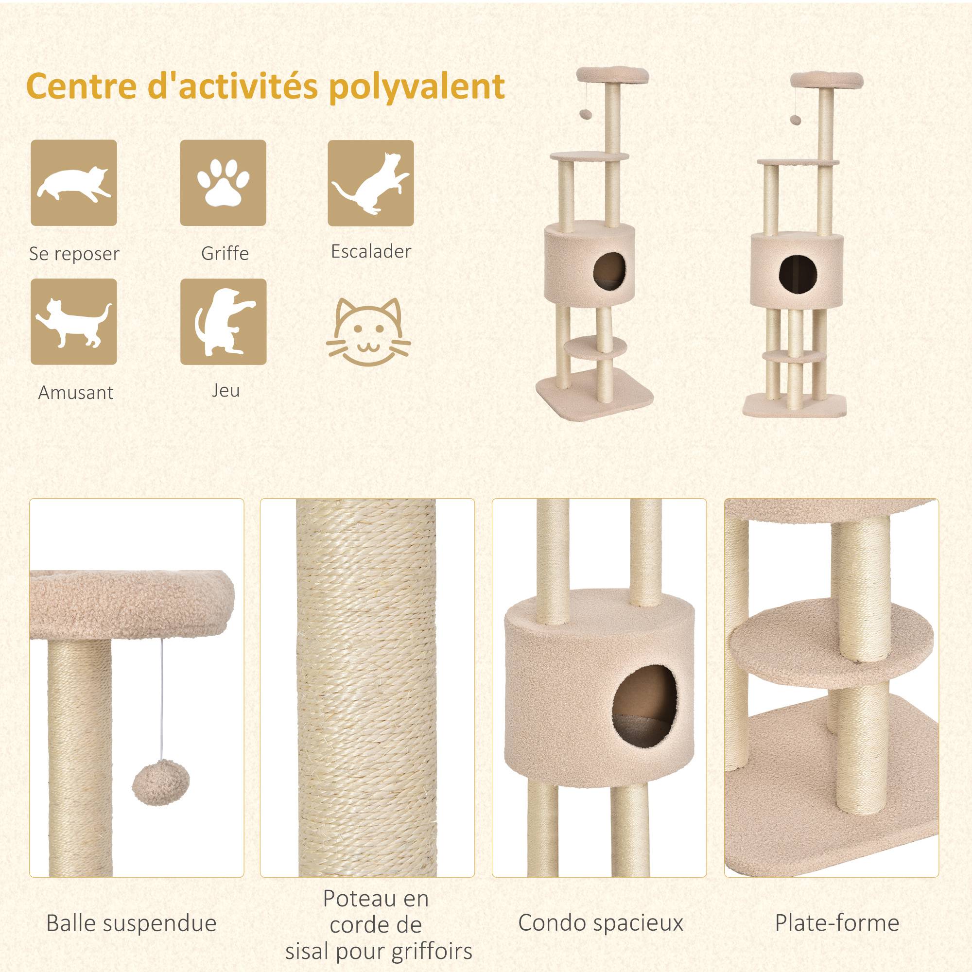 Arbre à chat sisal et peluche beige 45 x 40 x 148 cm - PANGIVO - Image 7