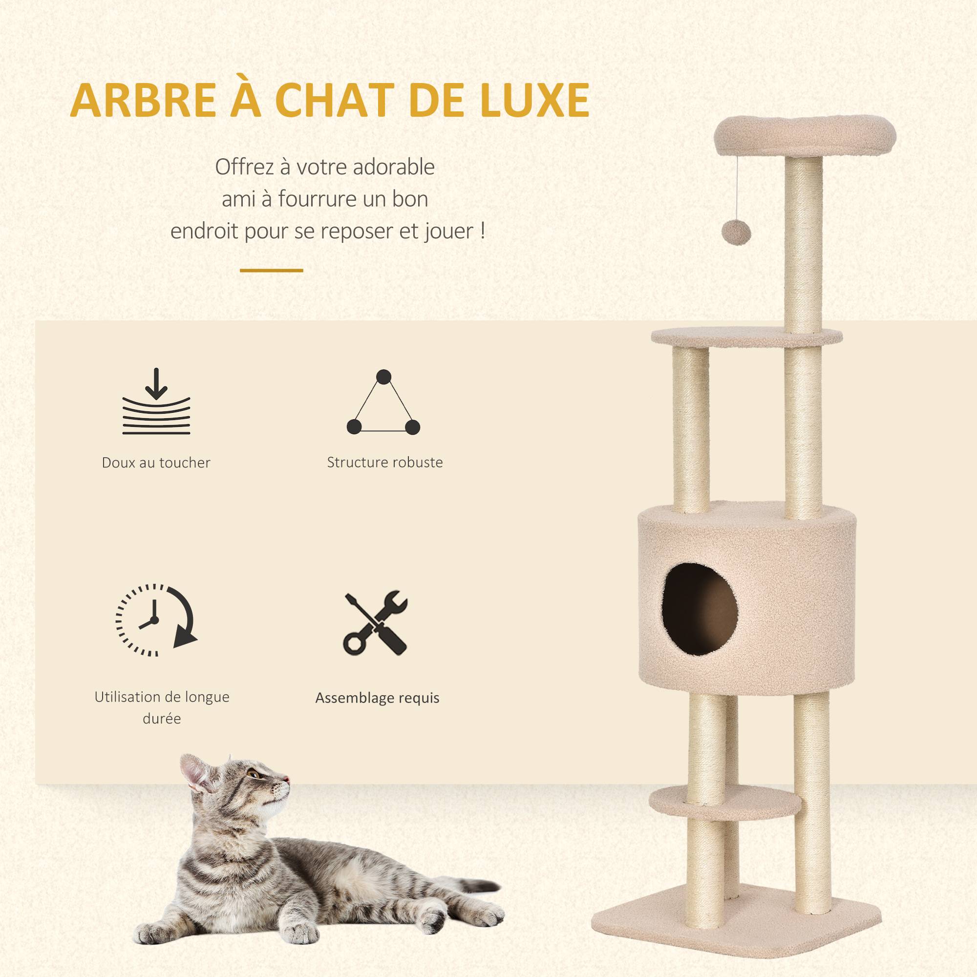 Arbre à chat sisal et peluche beige 45 x 40 x 148 cm - PANGIVO - Image 6