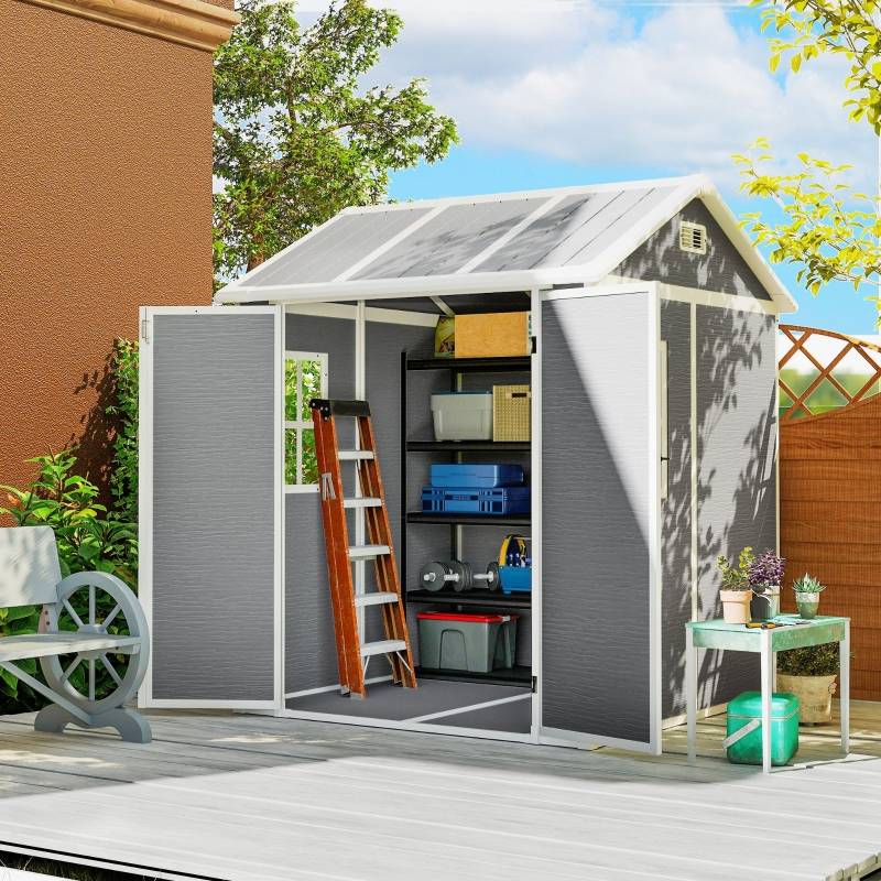 Abri de jardin en résine pour outillage avec plancher et fenêtre 181x181cm gris - ComfortXL Outdoor Living