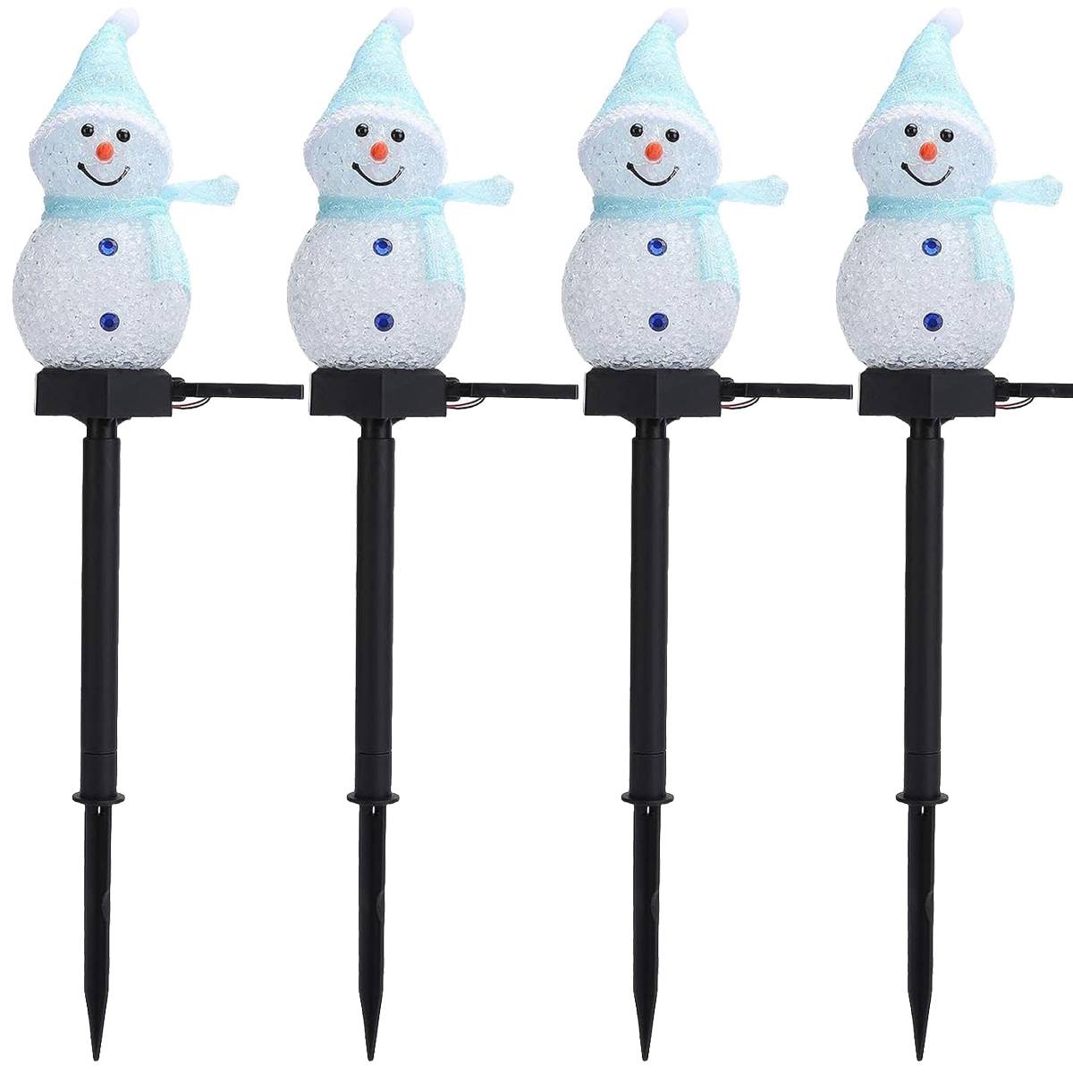 Lot de 4 lumières solaires de bonhomme de neige de Noël avec piquet, lumières solaires extérieures pour allée de Noël, décorations de Noël – Bleu - Image 1