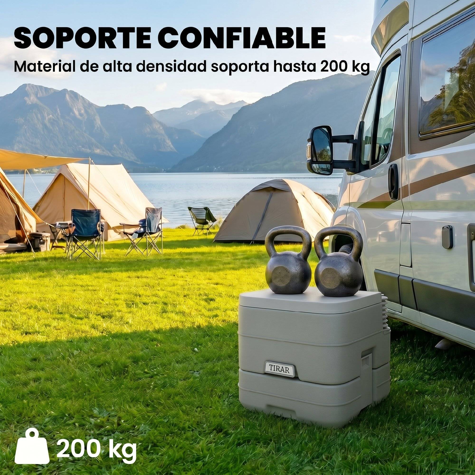 Toilettes portables avec double réservoir de 10 L, structure en plastique PE pour le camping et la randonnée, 36 x 42 x 30 cm, grises - Image 9