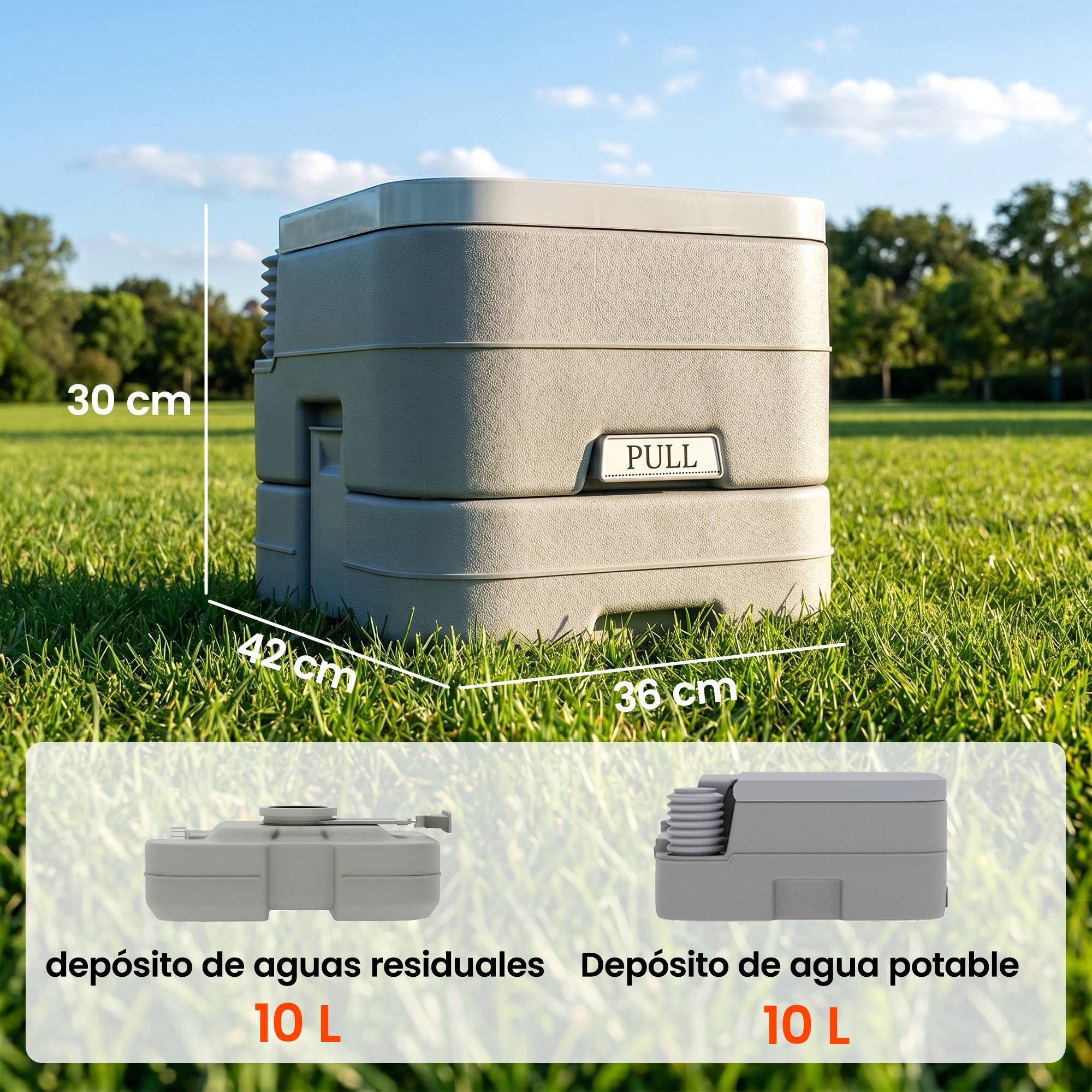 Toilettes portables avec double réservoir de 10 L, structure en plastique PE pour le camping et la randonnée, 36 x 42 x 30 cm, grises - Image 5