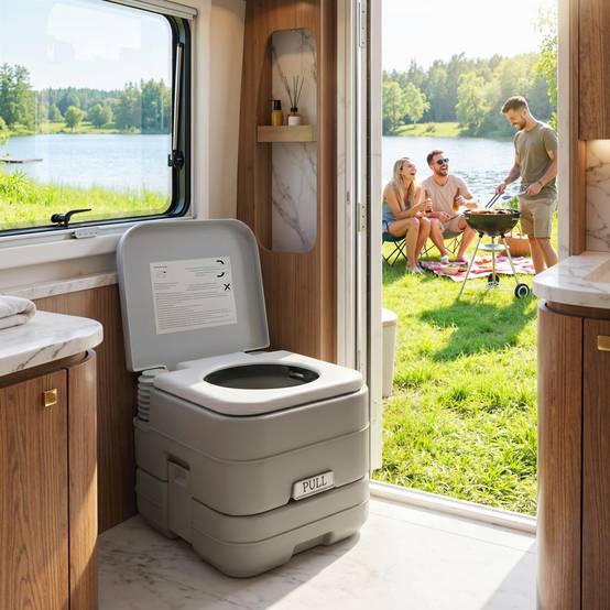 Toilettes portables avec double réservoir de 10 L, structure en plastique PE pour le camping et la randonnée, 36 x 42 x 30 cm, grises - Image 3