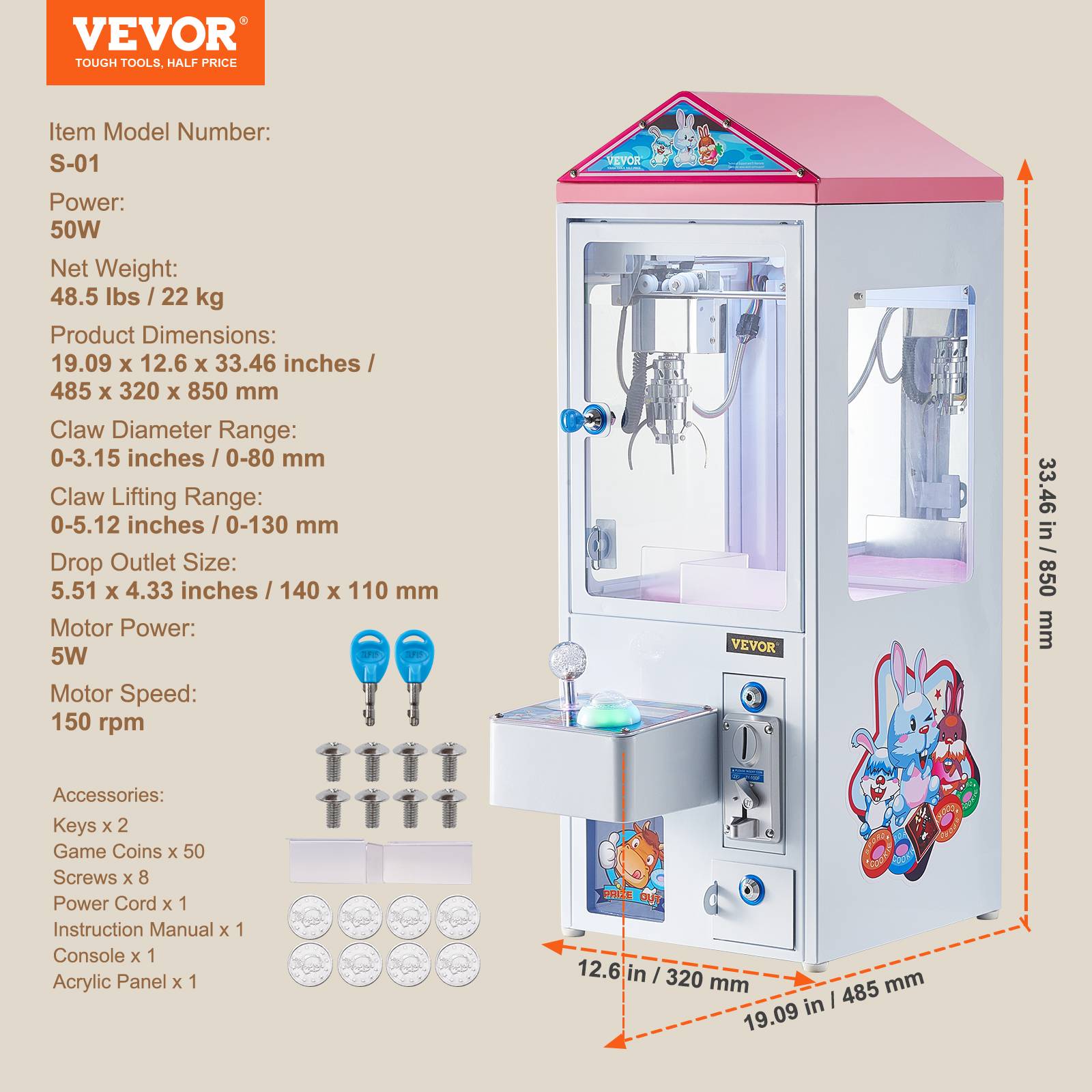 Vevor - Machine à griffes VEVOR, arcade commerciale, griffe acier réglable 0–130 mm, lumières et son, 50 pièces incluses, idéal pour enfants et fêtes. - Image 6