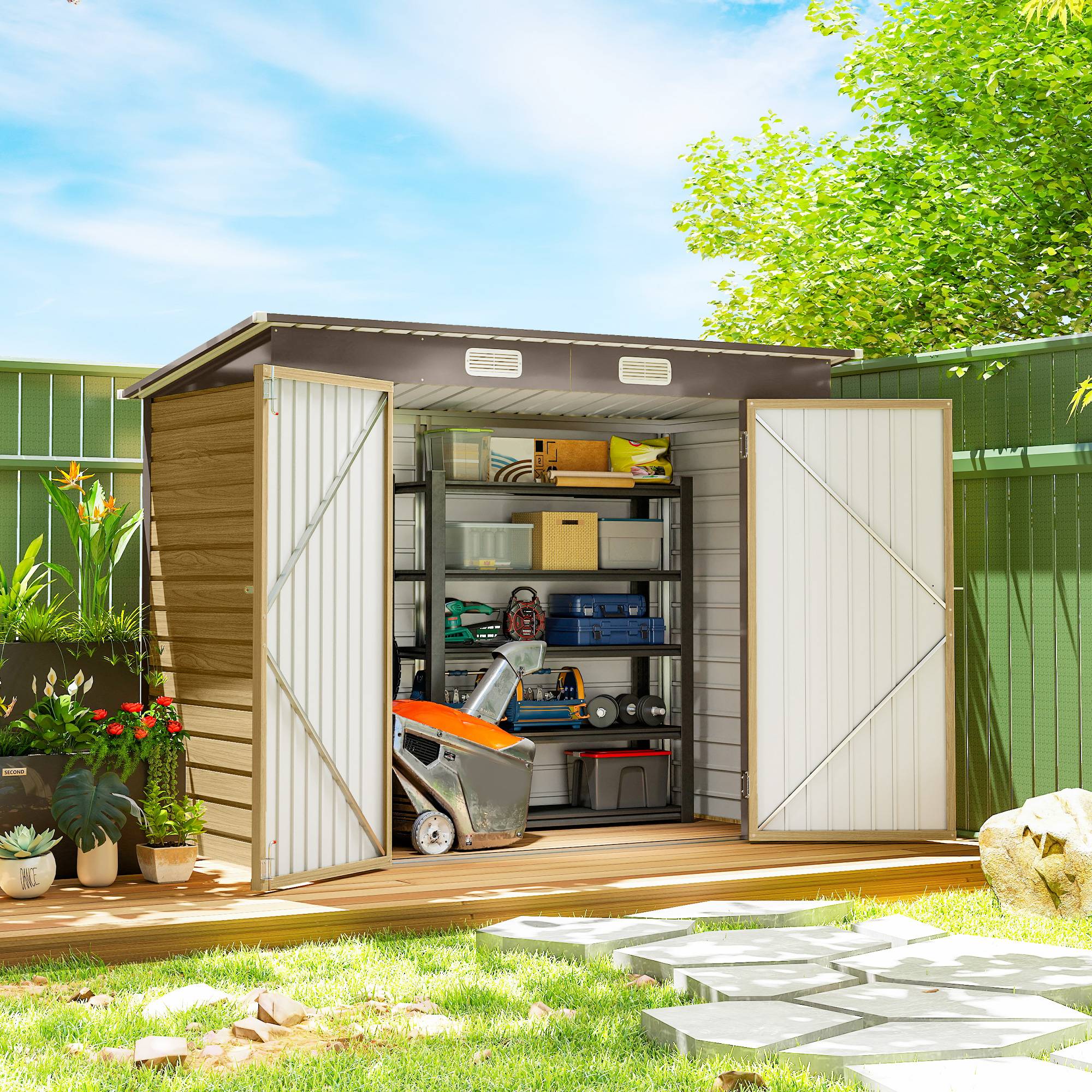 Sans Marque - Abri Jardin Métal 3m² Facile Monter Cabane Jardin Acier Galvanisé Améliorée Chêne - Image 4