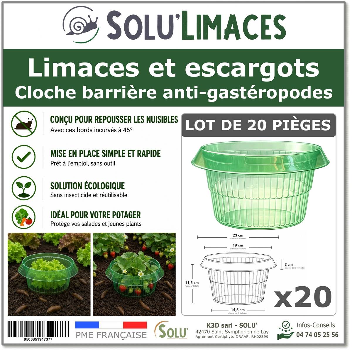 SOLU'LIMACES- 20 Cloches Barrières Anti-Limaces et Escargots-Salades, Fraisiers, Choux – Ø 23 cm