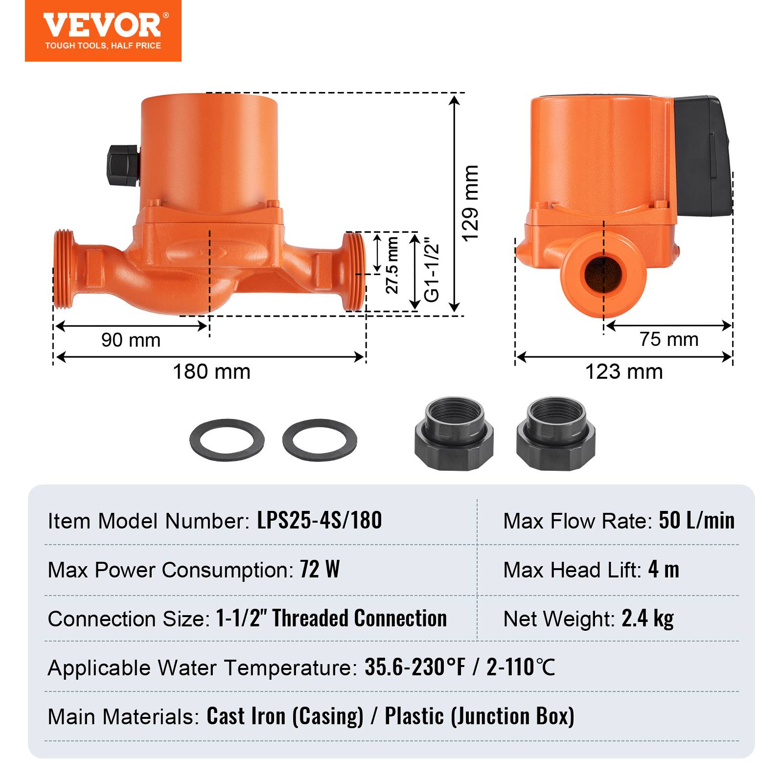VEVOR Pompe circulation eau chaude LPS25-4S-180, 50 L/min, 3 vitesses, 220V 72W, hauteur 4m, pour chauffe-eau. - Image 7