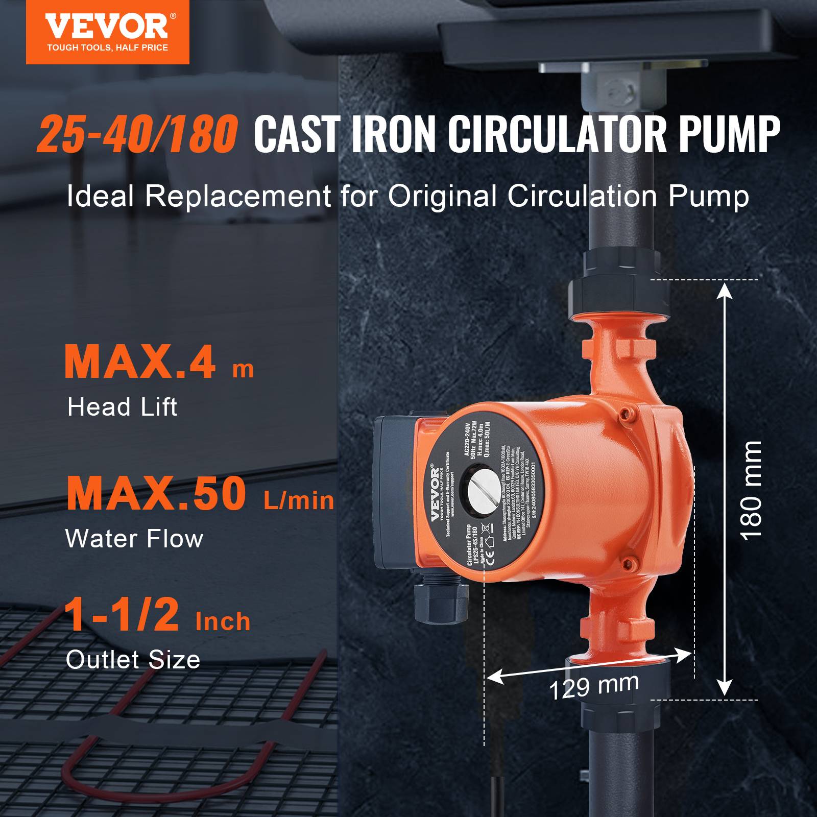 VEVOR Pompe circulation eau chaude LPS25-4S-180, 50 L/min, 3 vitesses, 220V 72W, hauteur 4m, pour chauffe-eau. - Image 2