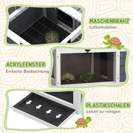 Maison pour tortues, boîte à reptiles avec 2 espaces, couvercle, bacs plastique, fenêtre, bois, gris - Image 9