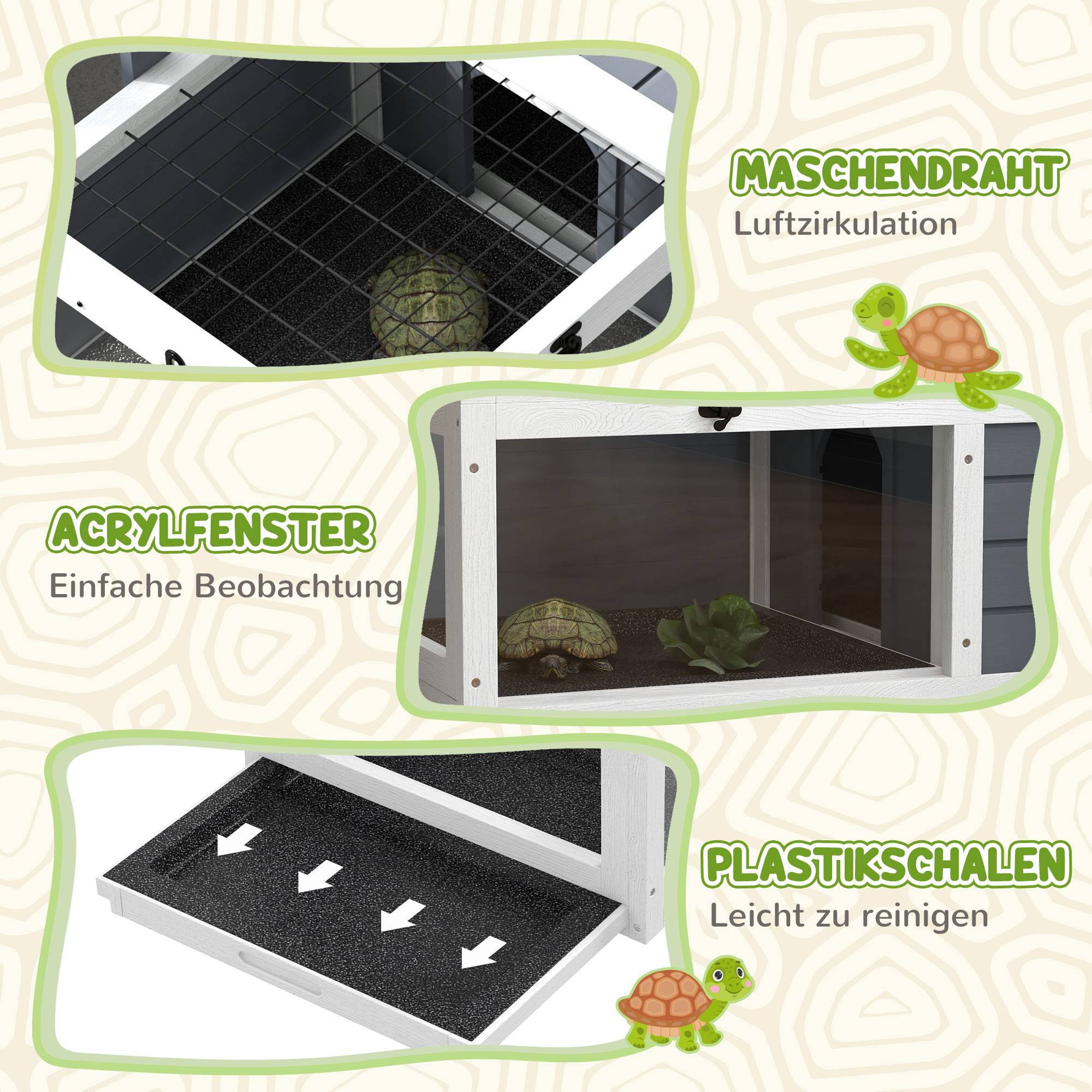 Maison pour tortues, boîte à reptiles avec 2 espaces, couvercle, bacs plastique, fenêtre, bois, gris - Image 9