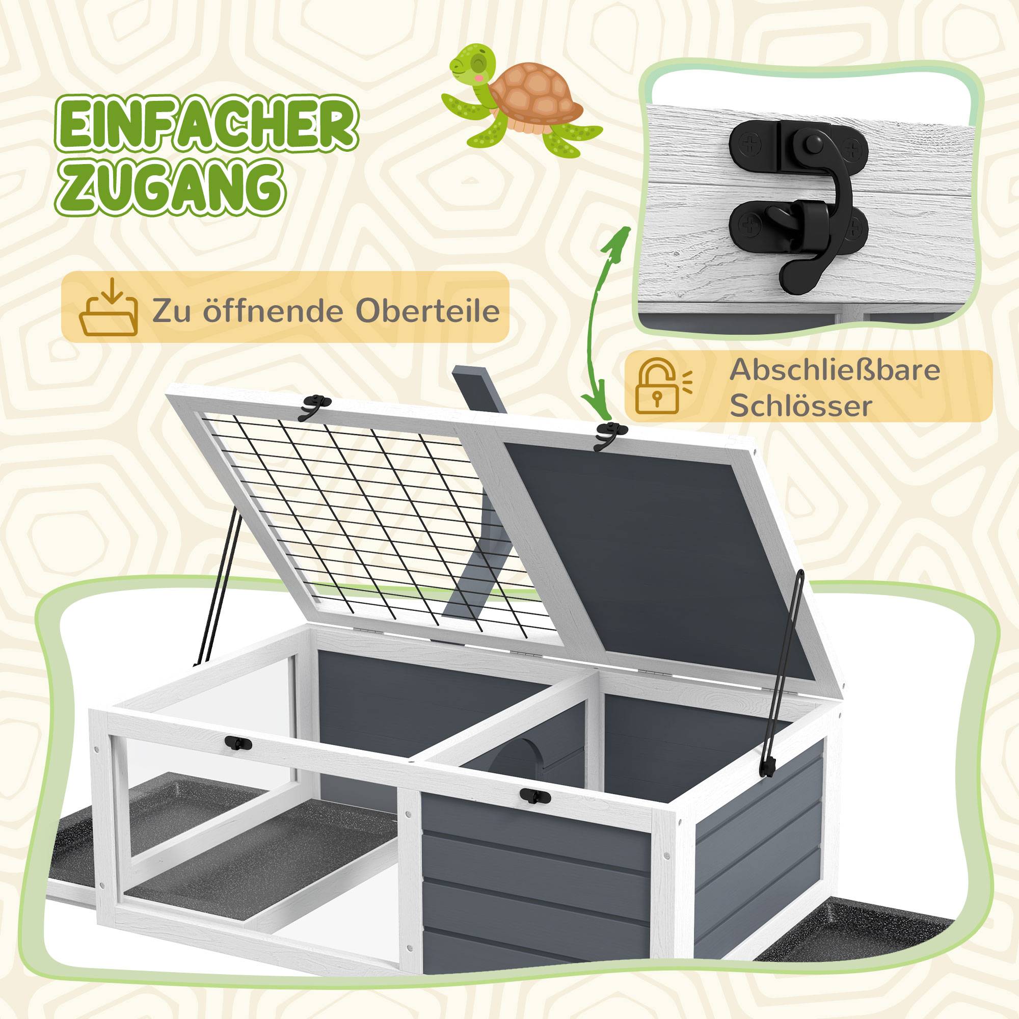Maison pour tortues, boîte à reptiles avec 2 espaces, couvercle, bacs plastique, fenêtre, bois, gris - Image 8