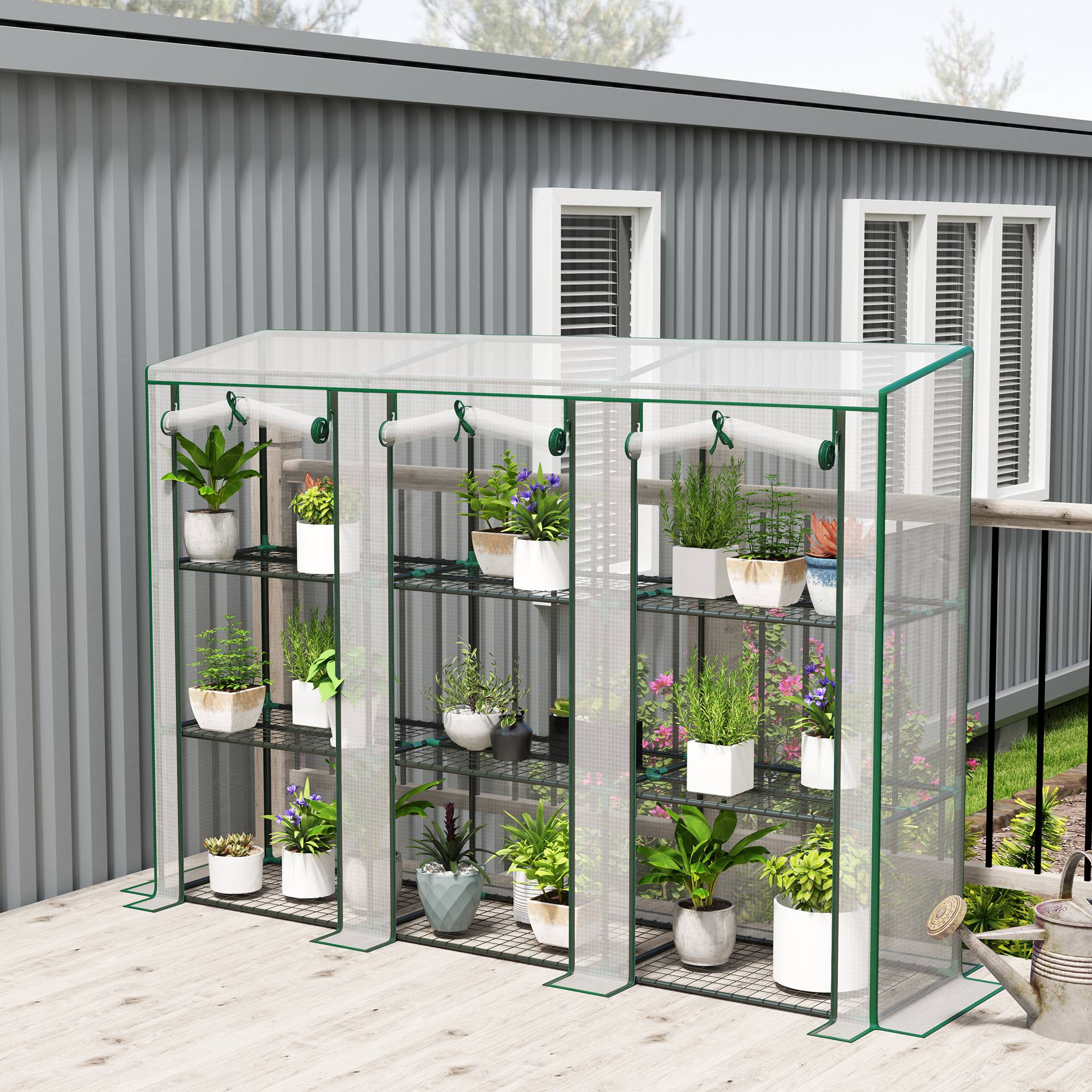 Sans Marque - Serre de jardin avec étagères à 3 niveaux serre de balcon 3 portes enroulables zippées 215 x 46 x 151 cm blanc - Image 3