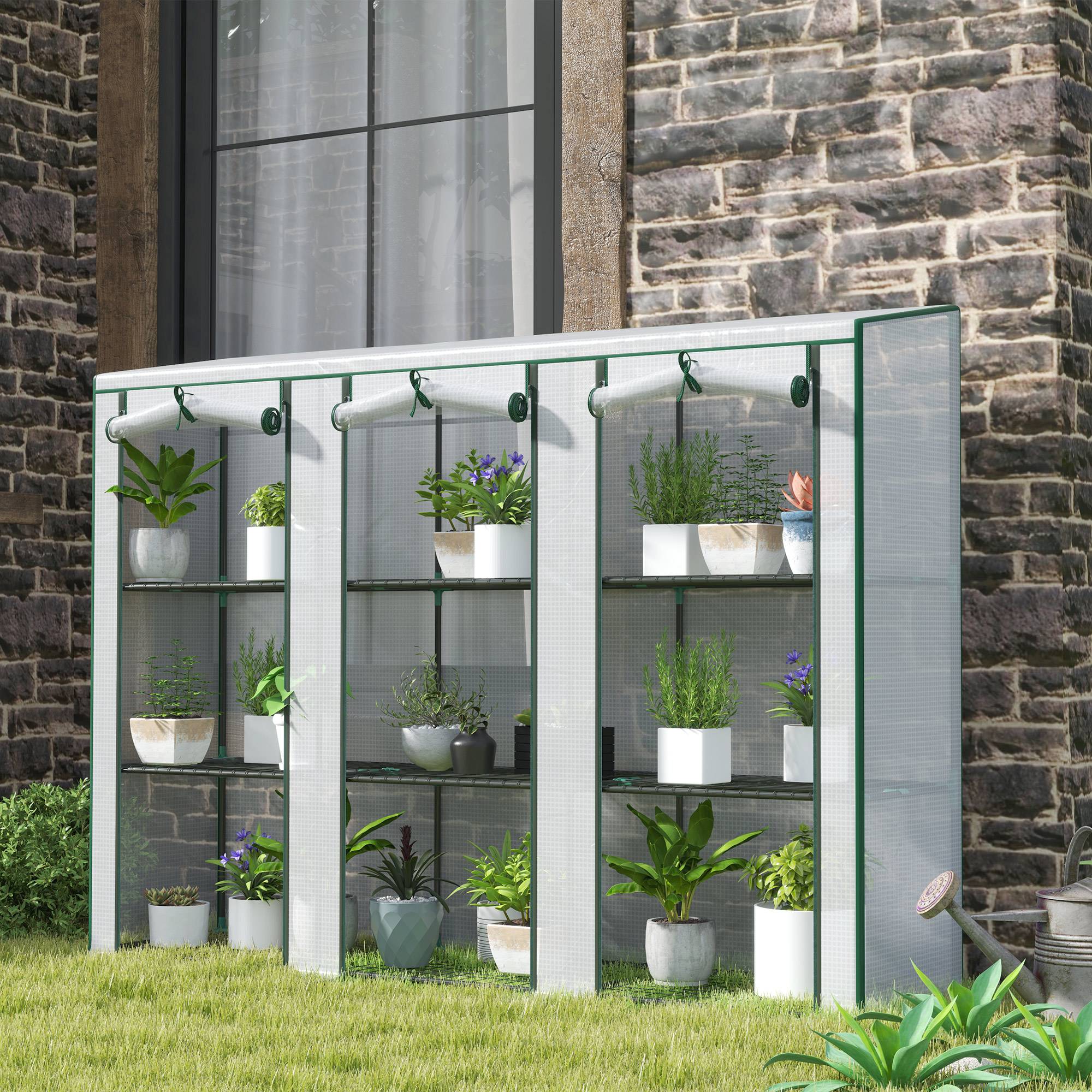 Sans Marque - Serre de jardin avec étagères à 3 niveaux serre de balcon 3 portes enroulables zippées 215 x 46 x 151 cm blanc - Image 4