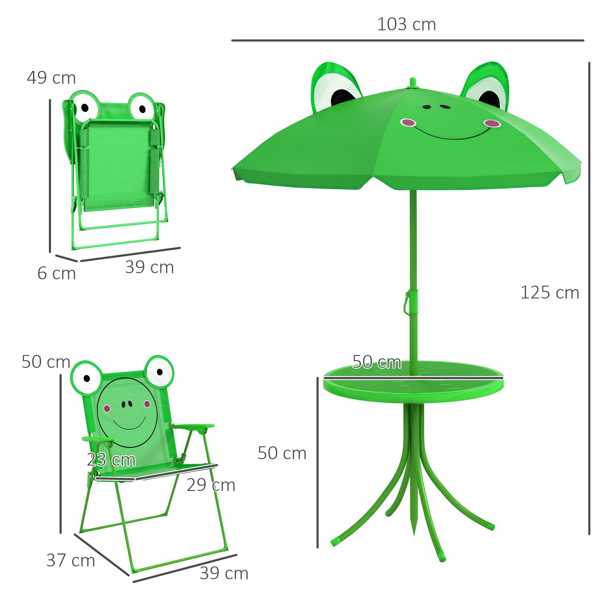 Ensemble Salon de Jardin Enfant 4 pcs Design Grenouille - Table Ronde + 2 chaises Pliables + Parasol - métal époxy Oxford Vert - Image 5