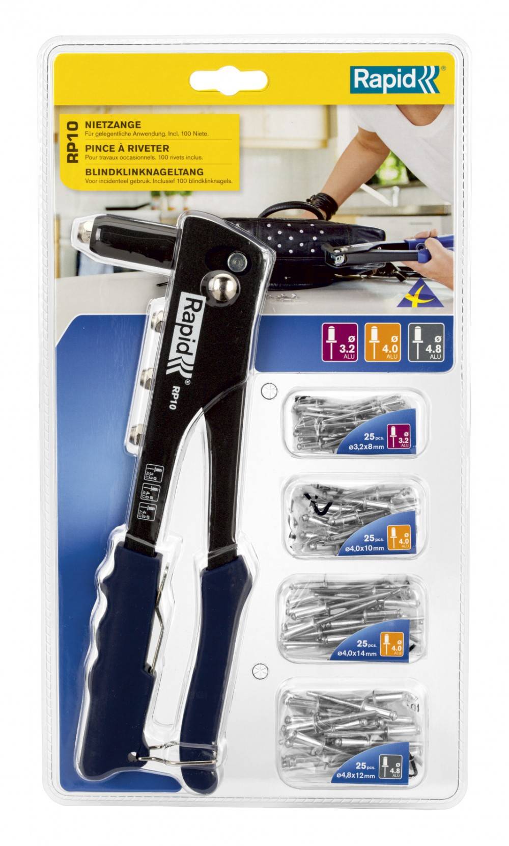 Rapid - Lot pince à riveter RAPID RP10 avec 100 rivets aluminium Ø3,2 / 4,0 et 4,8. - Image 1