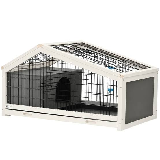 Clapier en bois avec niche et enclos pour 1 lapin, 90 x 53 x 50 cm, gris foncé - Image 1