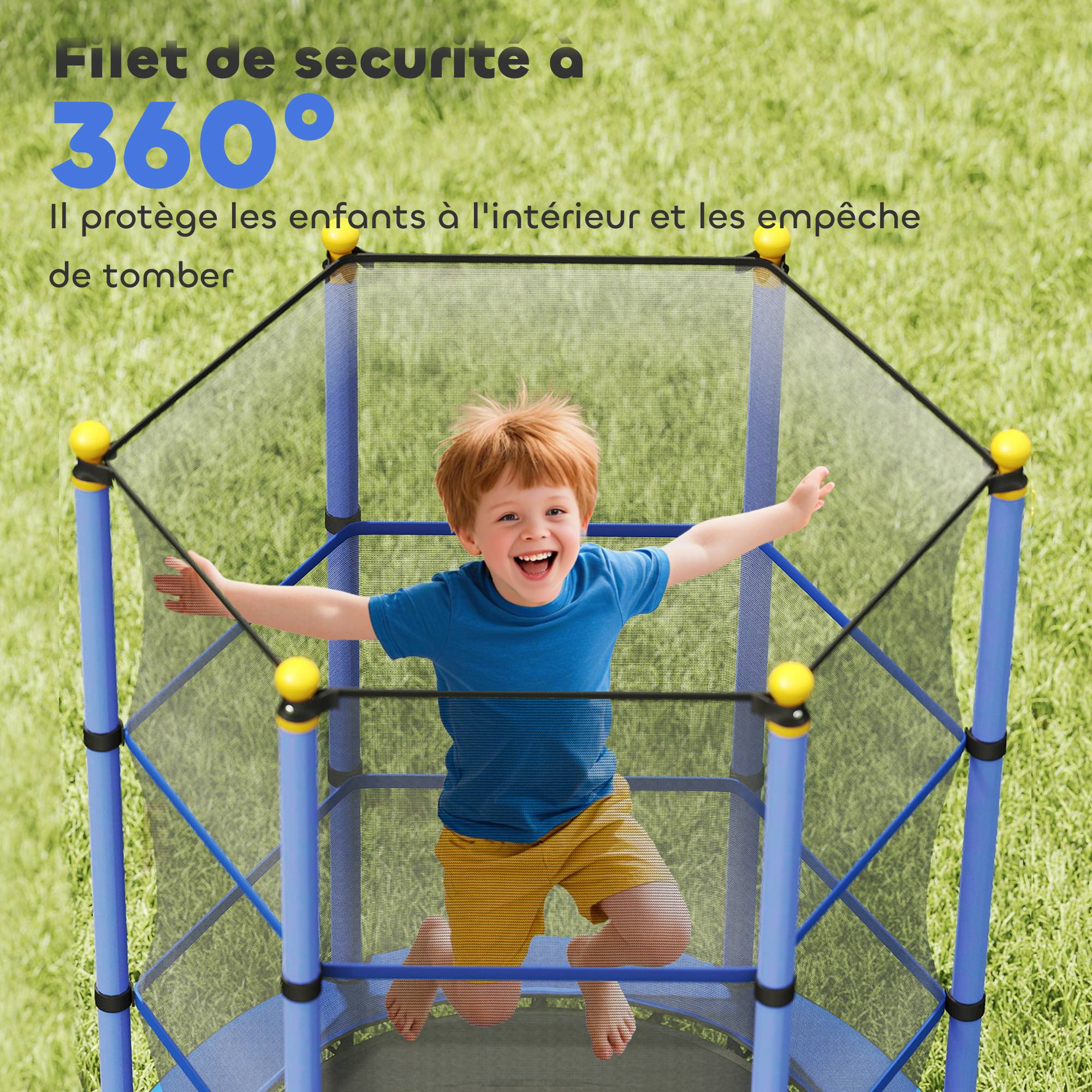 Trampoline Enfant Ø 1,40 × 1,90H m Filet de sécurité Porte zipée Couvre-Ressorts 6 poteaux rembourrés Inclus - Image 9