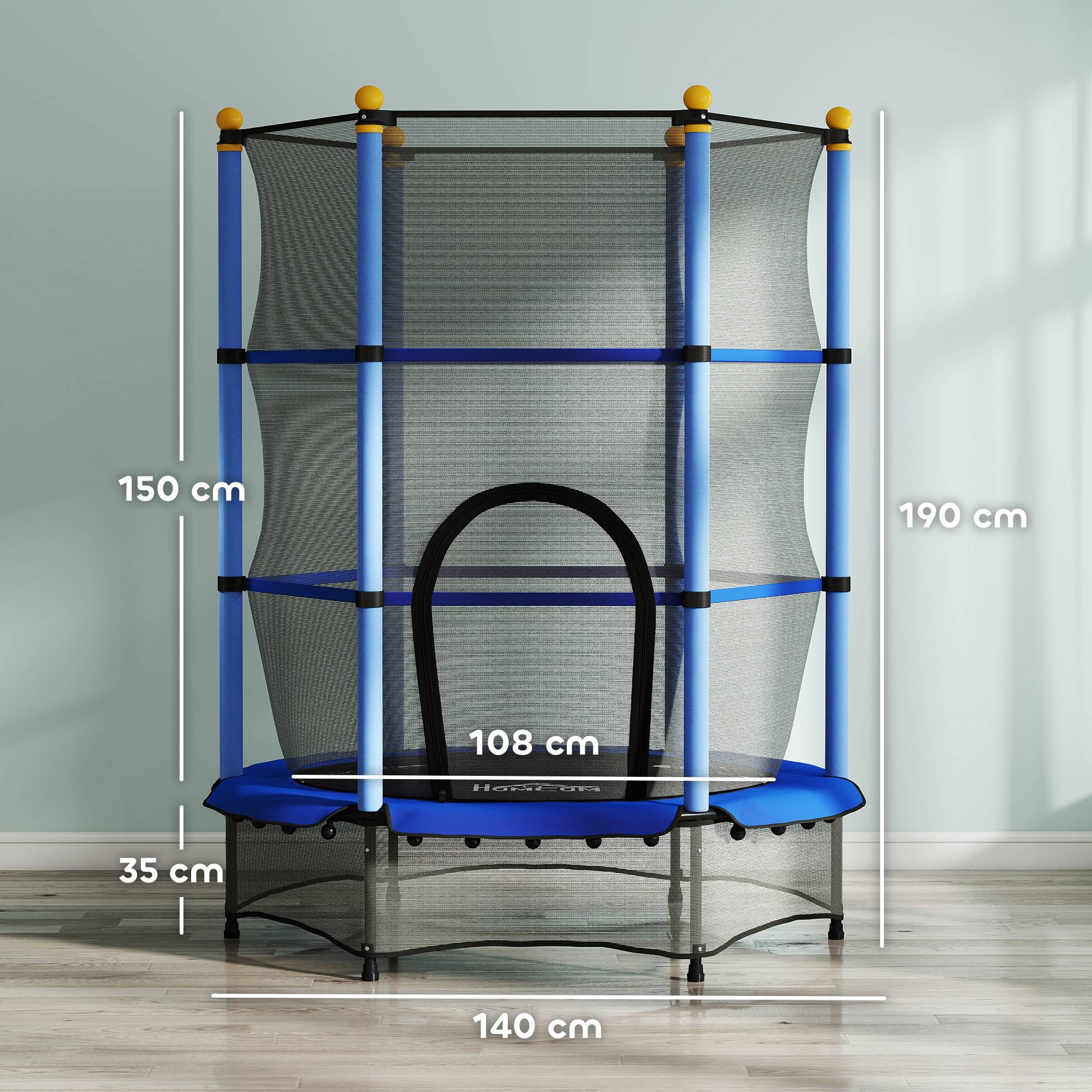 Trampoline Enfant Ø 1,40 × 1,90H m Filet de sécurité Porte zipée Couvre-Ressorts 6 poteaux rembourrés Inclus - Image 5