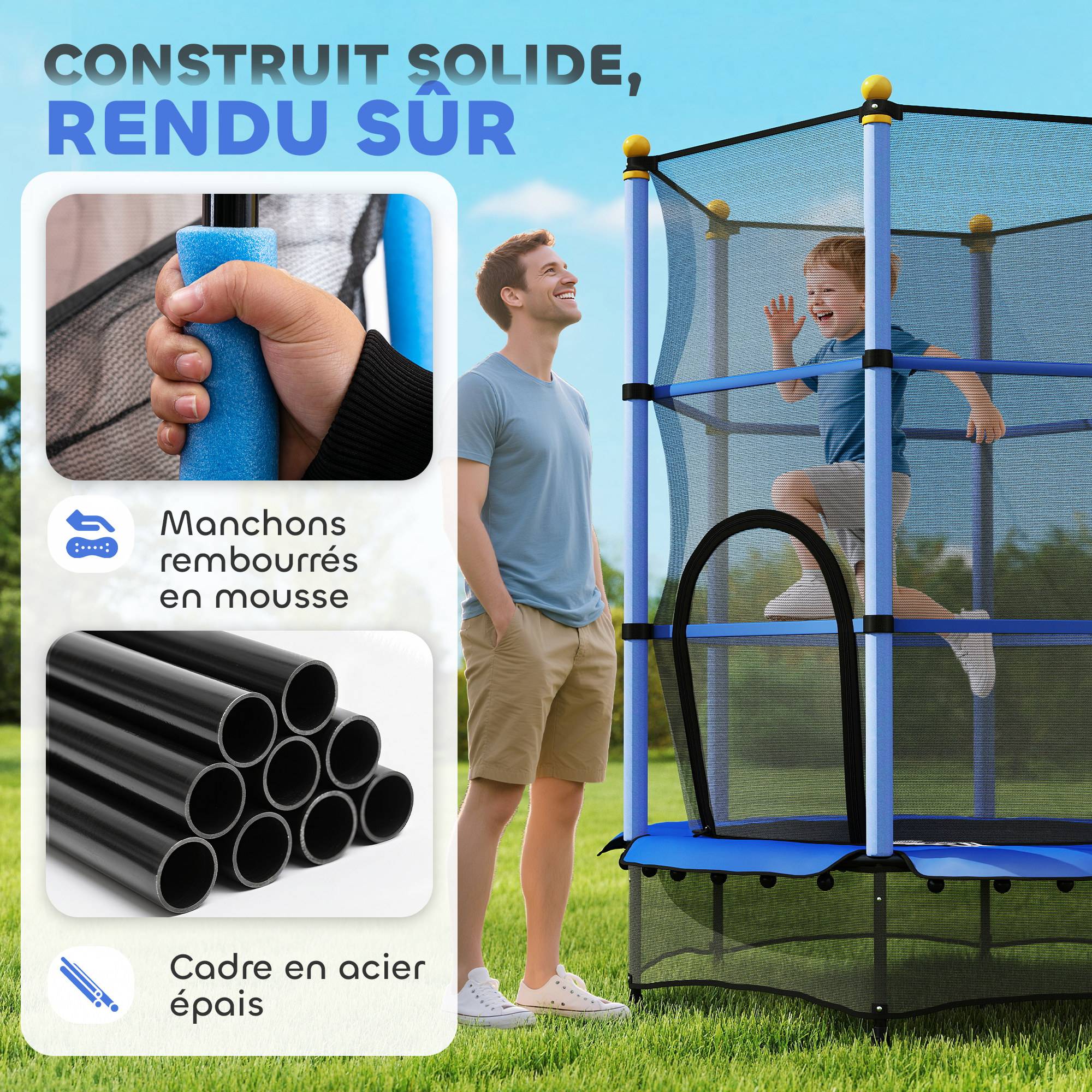 Trampoline Enfant Ø 1,40 × 1,90H m Filet de sécurité Porte zipée Couvre-Ressorts 6 poteaux rembourrés Inclus - Image 6