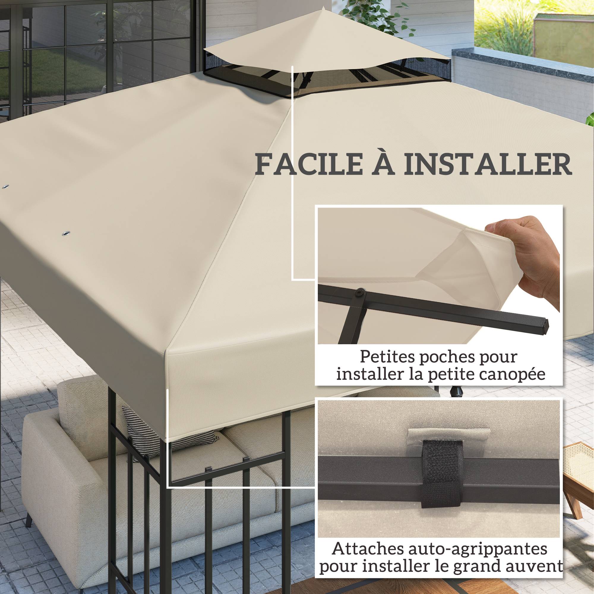 Toile pour tonnelle 3 x 3 m toile de rechange pour tonnelle à 2 niveaux protection UPF30+ trous de drainage crème - Image 7