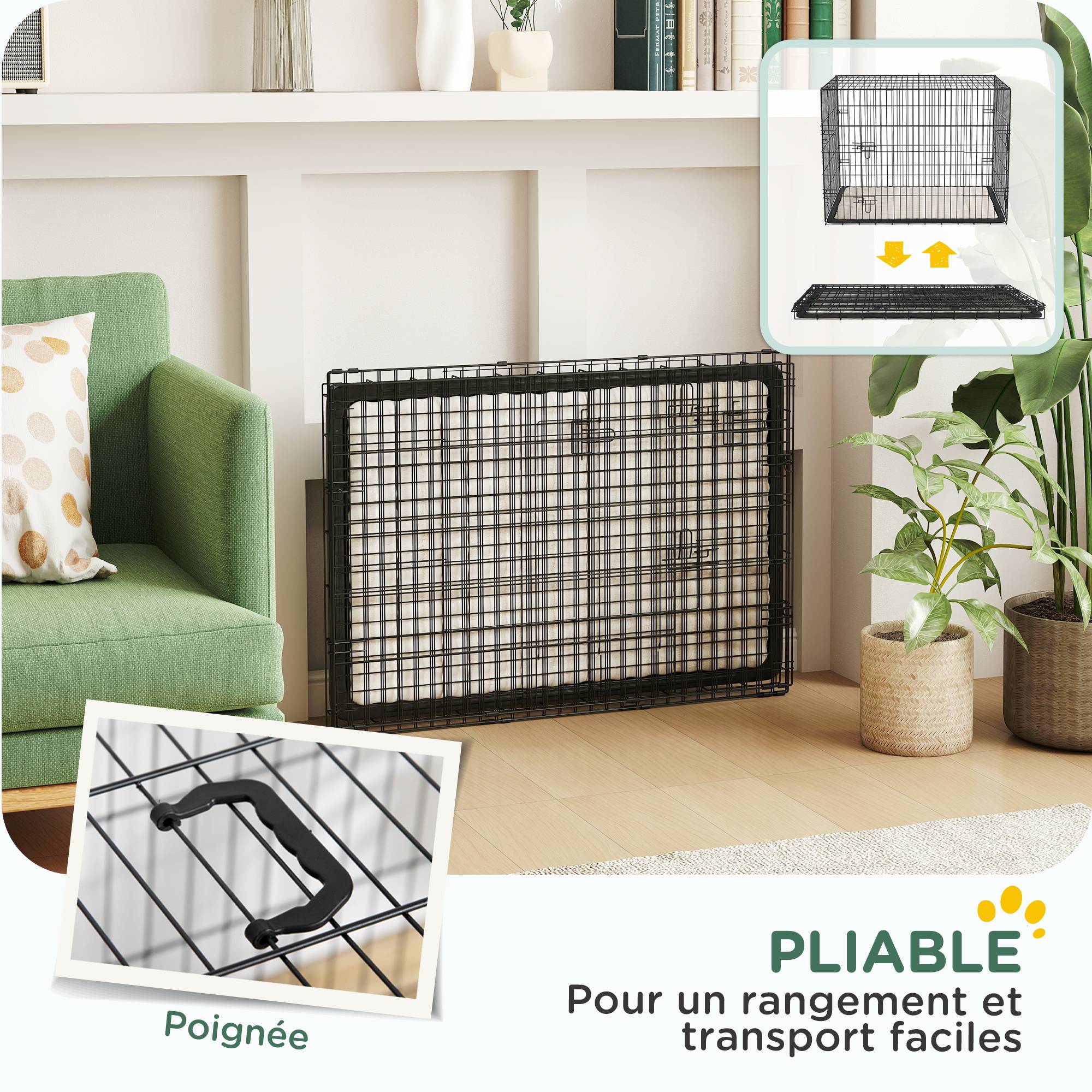 Sans Marque - Cage caisse de transport pliante pour chien poignée, plateau amovible, coussin fourni 90 x 57,5 x 62 cm noir - Image 9