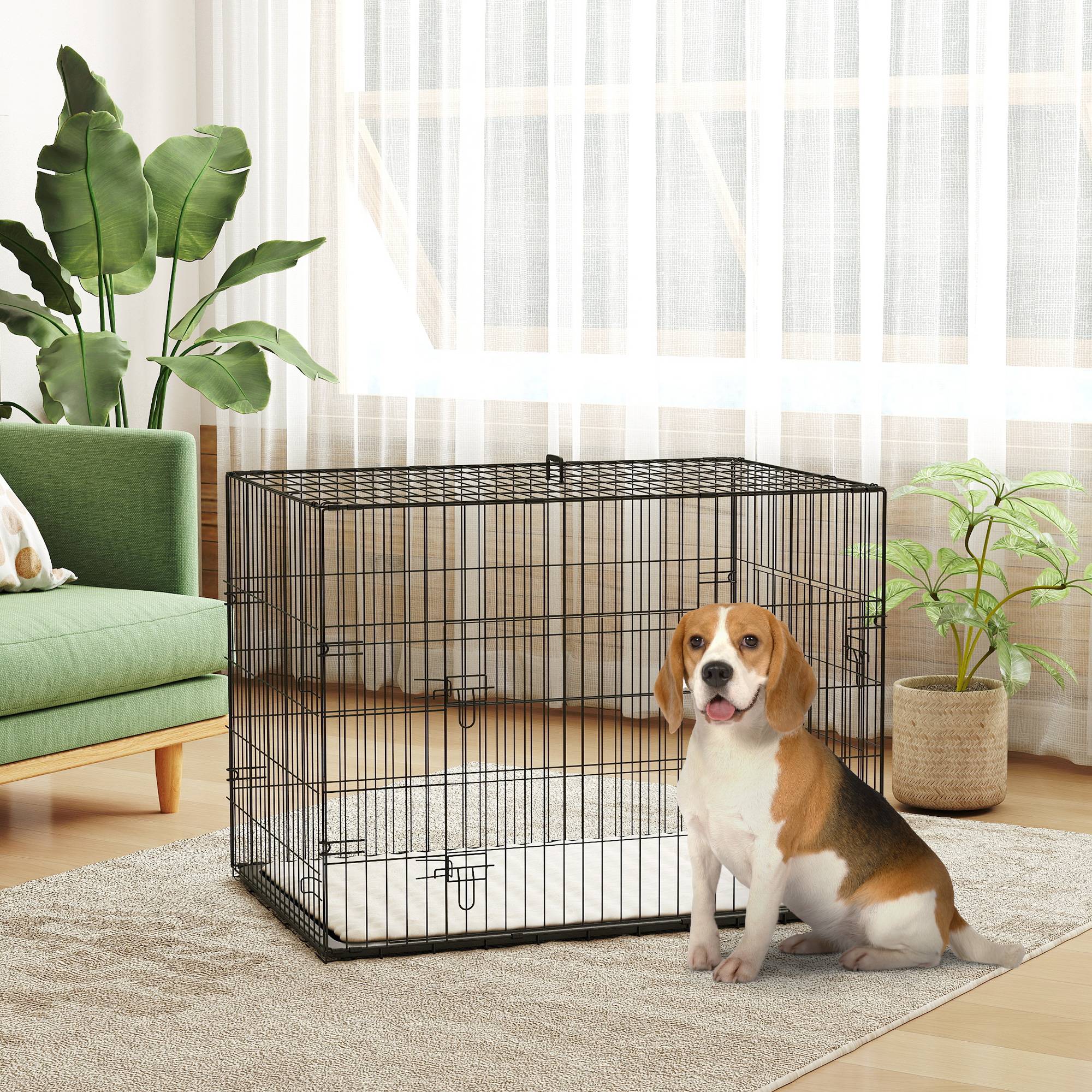 Sans Marque - Cage caisse de transport pliante pour chien poignée, plateau amovible, coussin fourni 90 x 57,5 x 62 cm noir - Image 3