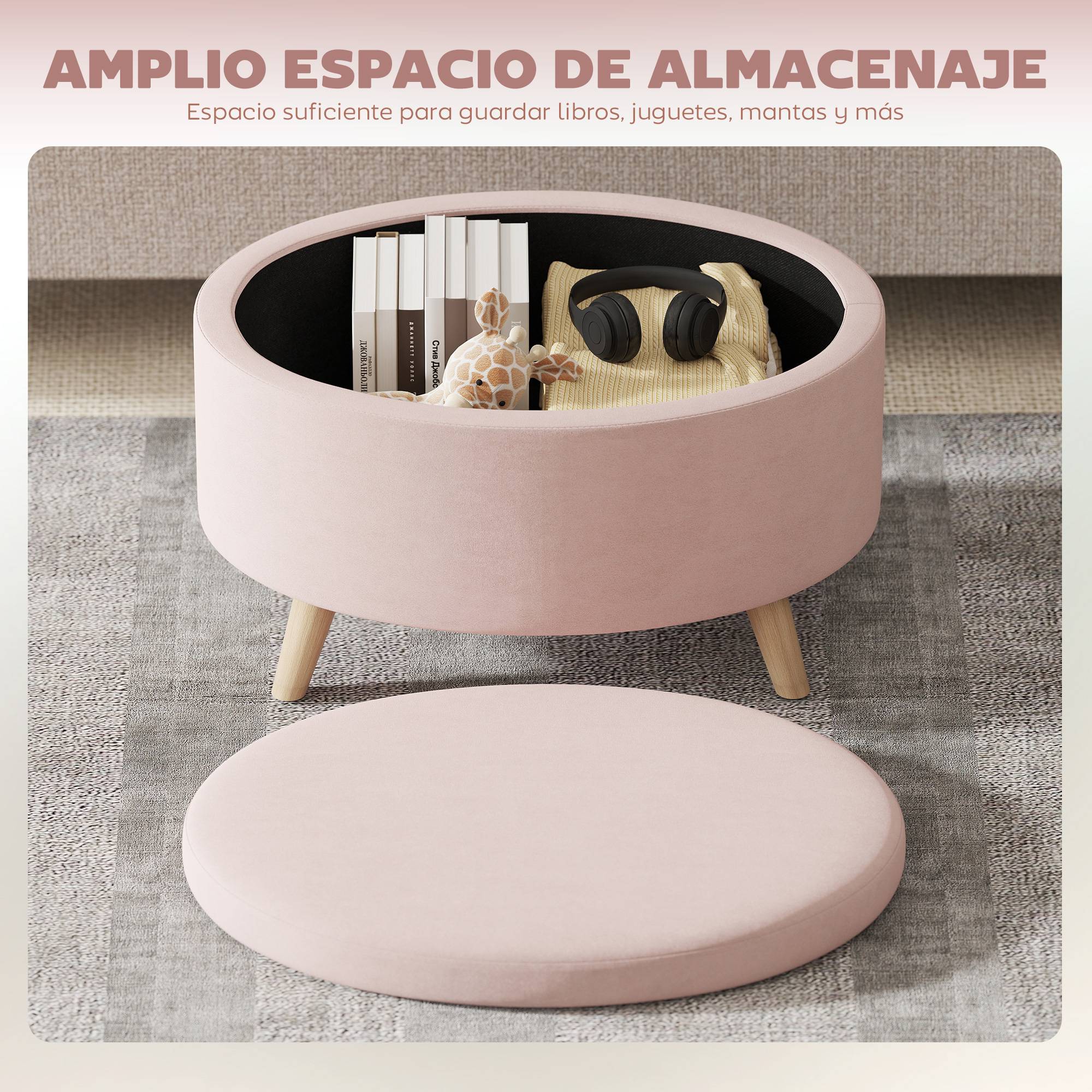 Banc coffre ovale 71 x 51,5 x 42 cm, revêtement en velours, pieds en bois massif, rose clair - Image 6