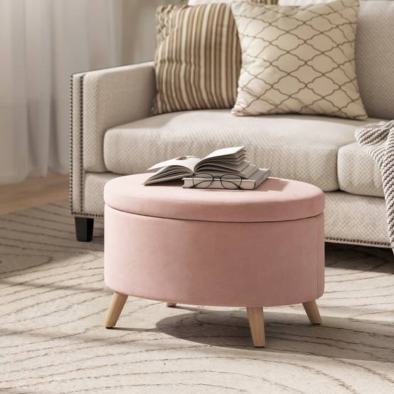 Banc coffre ovale 71 x 51,5 x 42 cm, revêtement en velours, pieds en bois massif, rose clair - Image 3