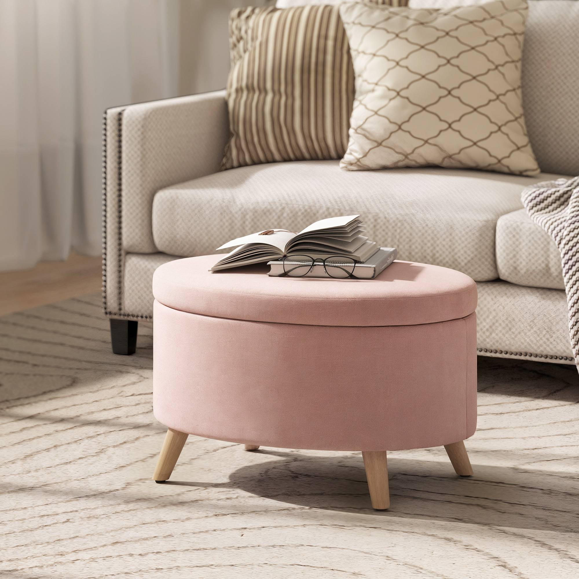 Banc coffre ovale 71 x 51,5 x 42 cm, revêtement en velours, pieds en bois massif, rose clair - Image 3