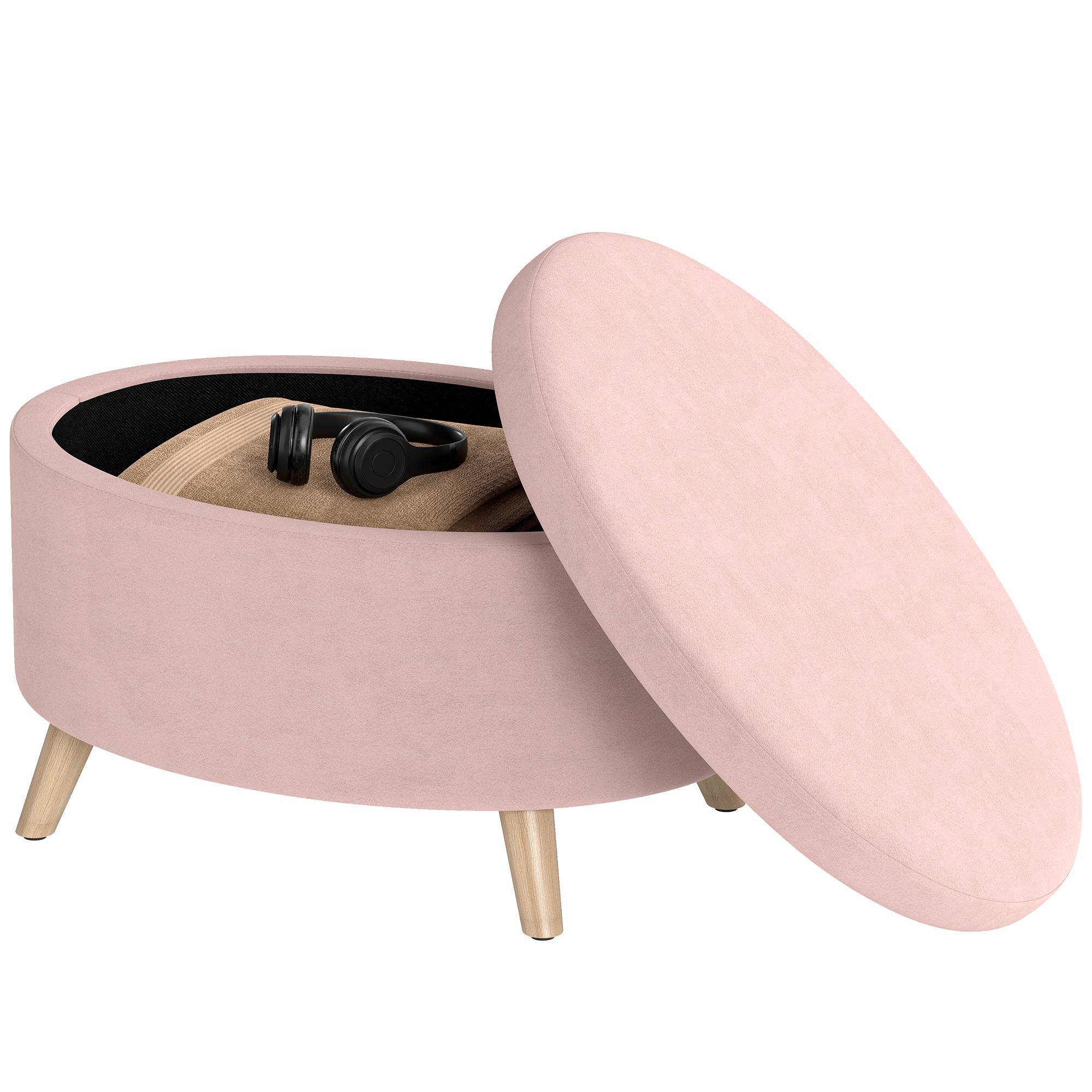 Banc coffre ovale 71 x 51,5 x 42 cm, revêtement en velours, pieds en bois massif, rose clair - Image 2