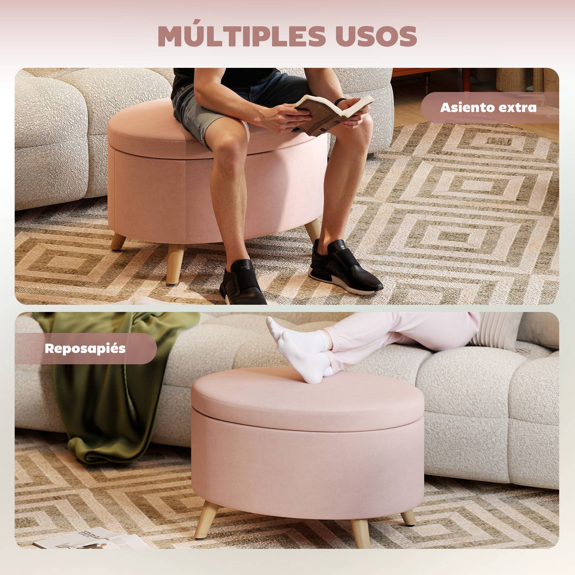 Banc coffre ovale 71 x 51,5 x 42 cm, revêtement en velours, pieds en bois massif, rose clair - Image 7