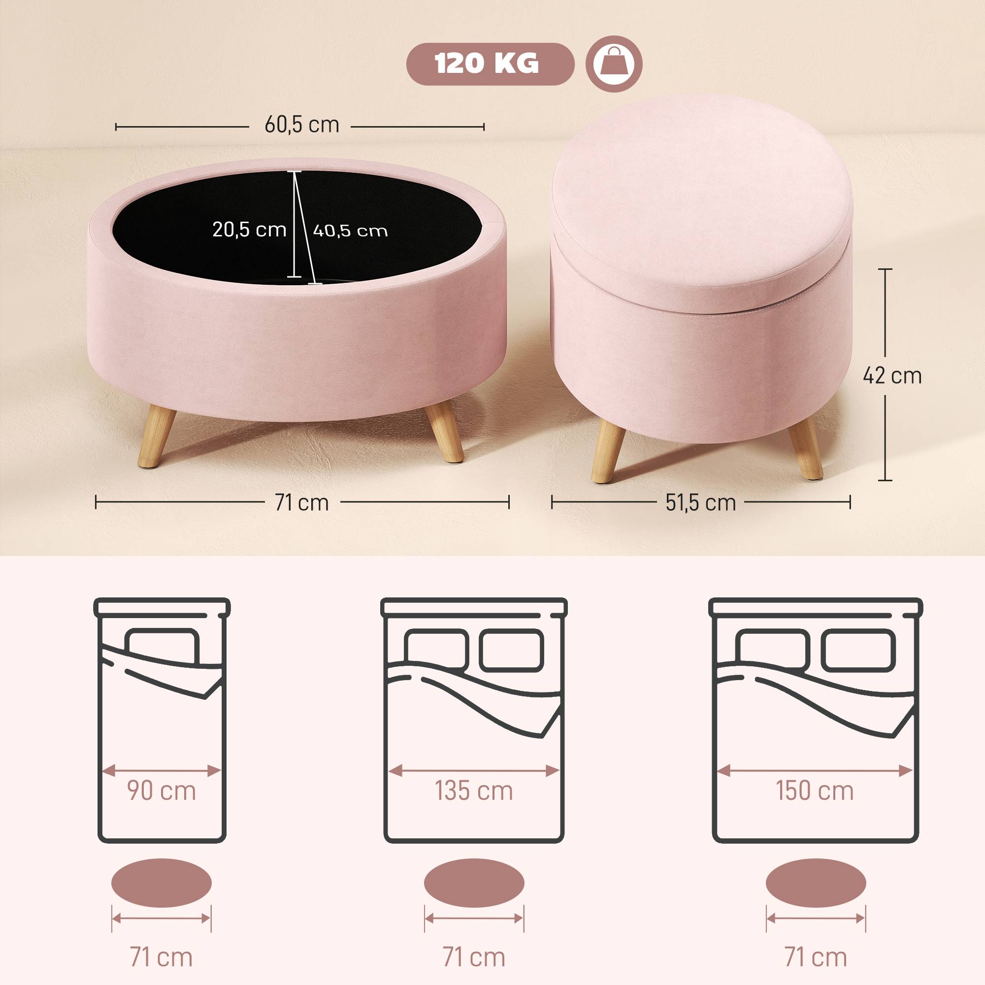 Banc coffre ovale 71 x 51,5 x 42 cm, revêtement en velours, pieds en bois massif, rose clair - Image 5