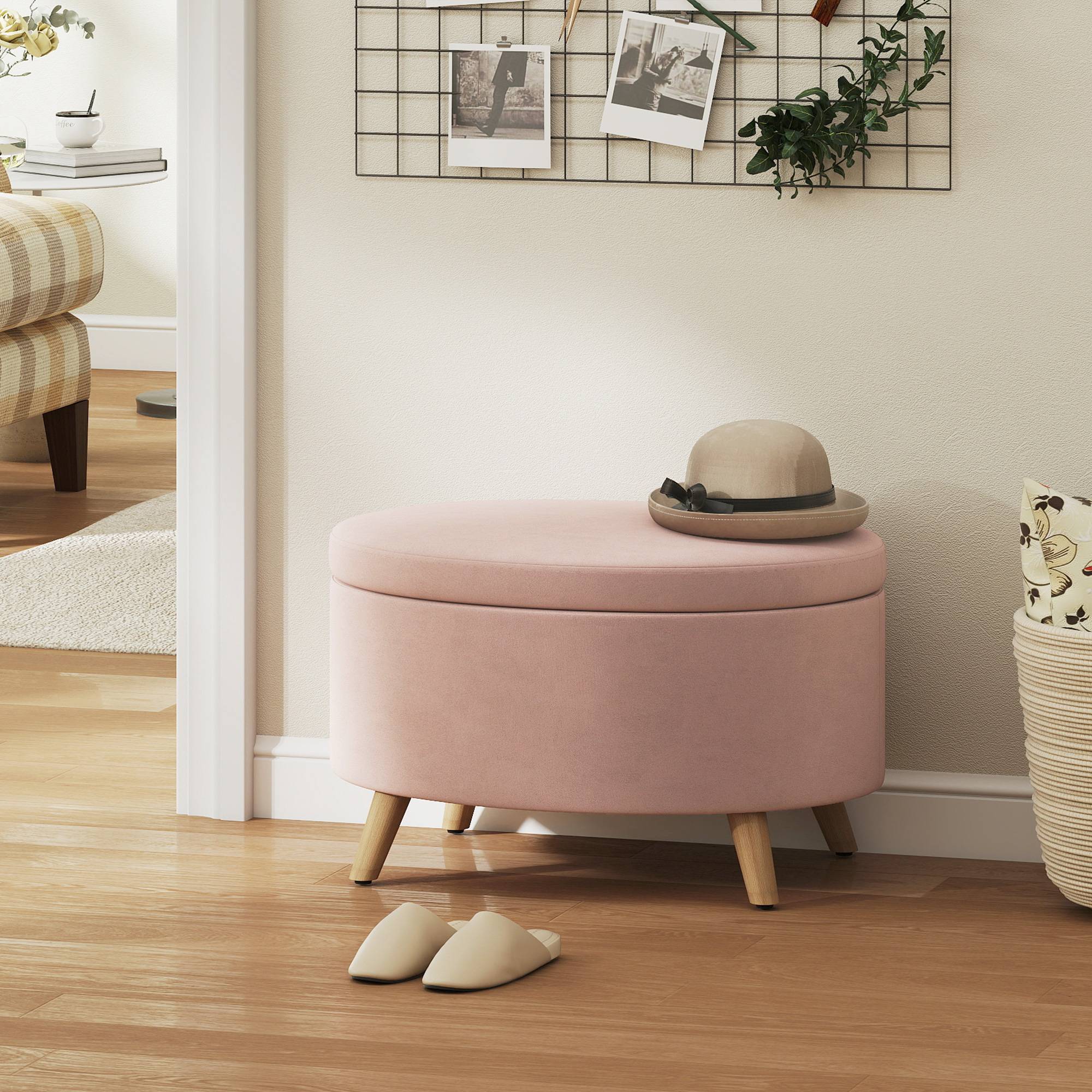 Banc coffre ovale 71 x 51,5 x 42 cm, revêtement en velours, pieds en bois massif, rose clair - Image 4