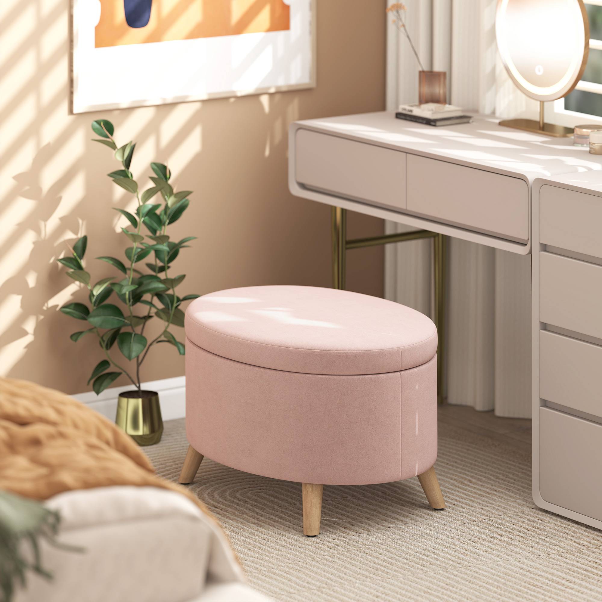 Banc coffre ovale 71 x 51,5 x 42 cm, revêtement en velours, pieds en bois massif, rose clair - Image 9