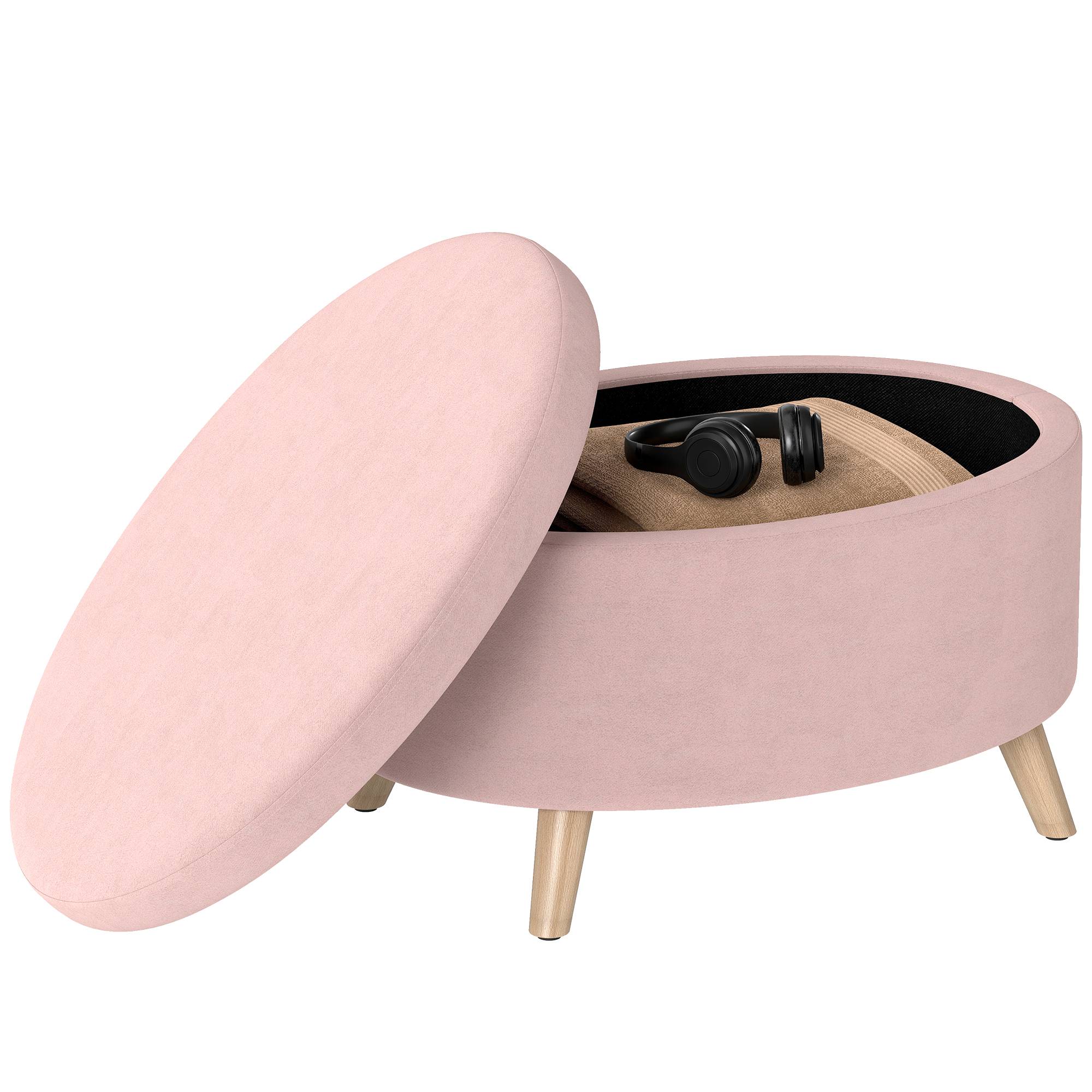 Banc coffre ovale 71 x 51,5 x 42 cm, revêtement en velours, pieds en bois massif, rose clair - Image 1