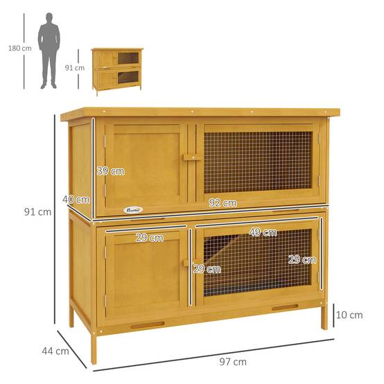 Clapier à lapins à 2 niveaux en bois de sapin et bitume avec rampe, 2 plateaux amovibles, 4 portes, 97 x 44 x 91 cm, jaune - Image 5