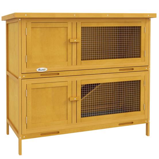 Clapier à lapins à 2 niveaux en bois de sapin et bitume avec rampe, 2 plateaux amovibles, 4 portes, 97 x 44 x 91 cm, jaune - Image 1