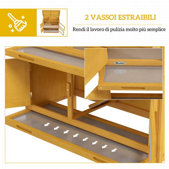 Clapier à lapins à 2 niveaux en bois de sapin et bitume avec rampe, 2 plateaux amovibles, 4 portes, 97 x 44 x 91 cm, jaune - Image 8