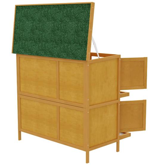 Clapier à lapins à 2 niveaux en bois de sapin et bitume avec rampe, 2 plateaux amovibles, 4 portes, 97 x 44 x 91 cm, jaune - Image 10