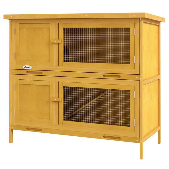 Clapier à lapins à 2 niveaux en bois de sapin et bitume avec rampe, 2 plateaux amovibles, 4 portes, 97 x 44 x 91 cm, jaune - Image 2