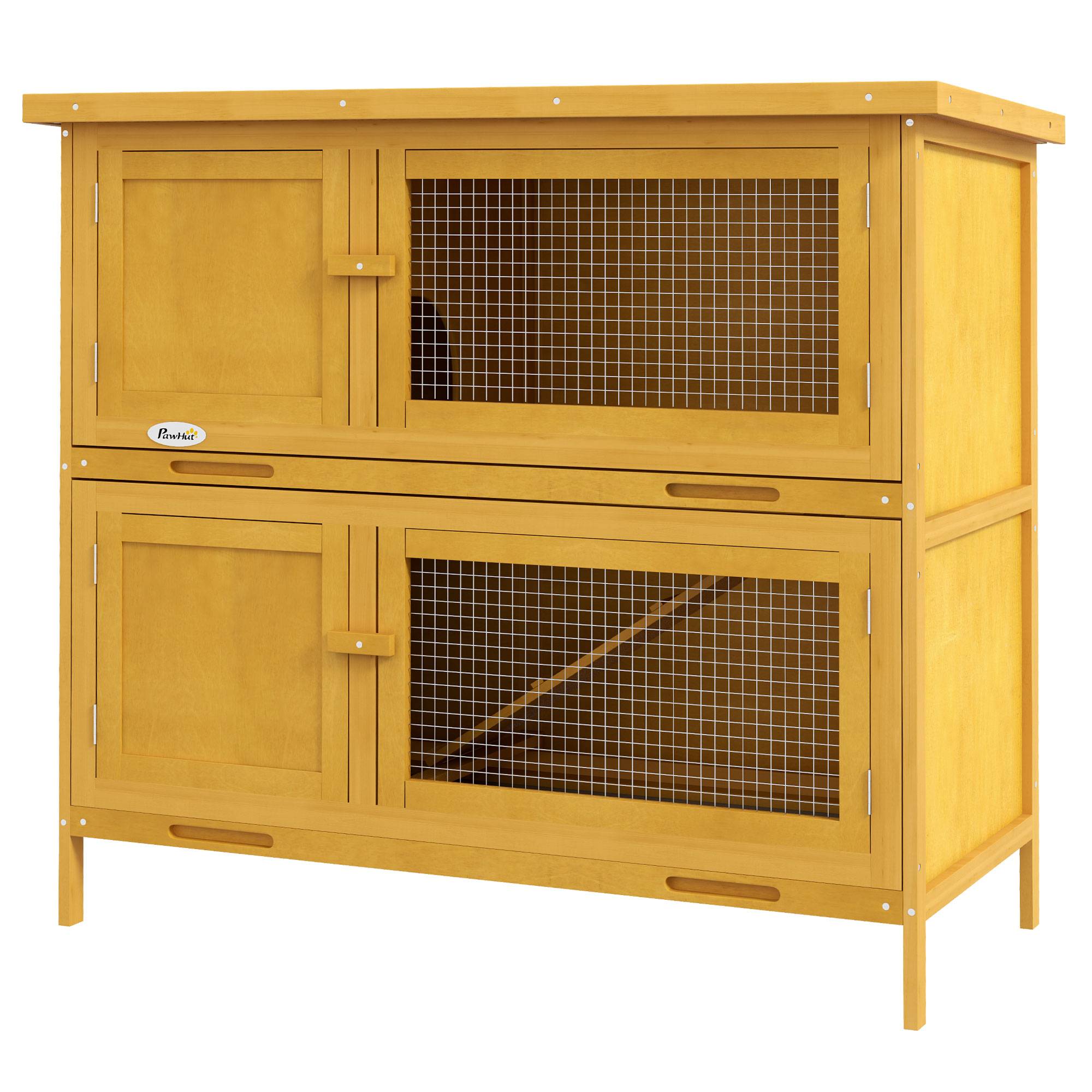 Clapier à lapins à 2 niveaux en bois de sapin et bitume avec rampe, 2 plateaux amovibles, 4 portes, 97 x 44 x 91 cm, jaune - Image 2