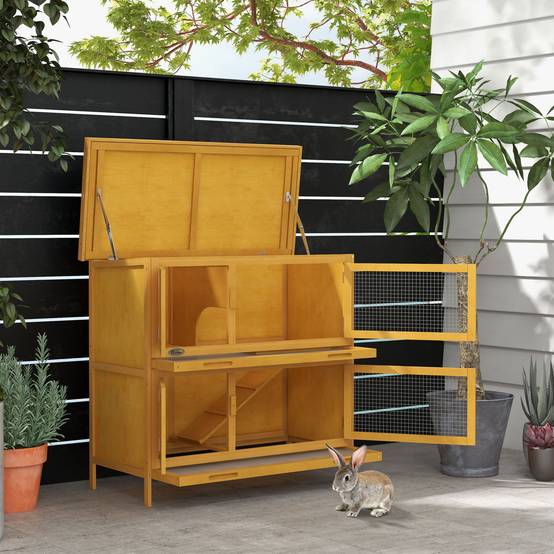 Clapier à lapins à 2 niveaux en bois de sapin et bitume avec rampe, 2 plateaux amovibles, 4 portes, 97 x 44 x 91 cm, jaune - Image 4