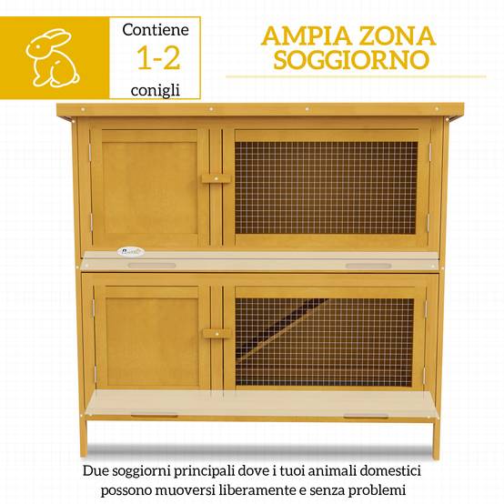Clapier à lapins à 2 niveaux en bois de sapin et bitume avec rampe, 2 plateaux amovibles, 4 portes, 97 x 44 x 91 cm, jaune - Image 7