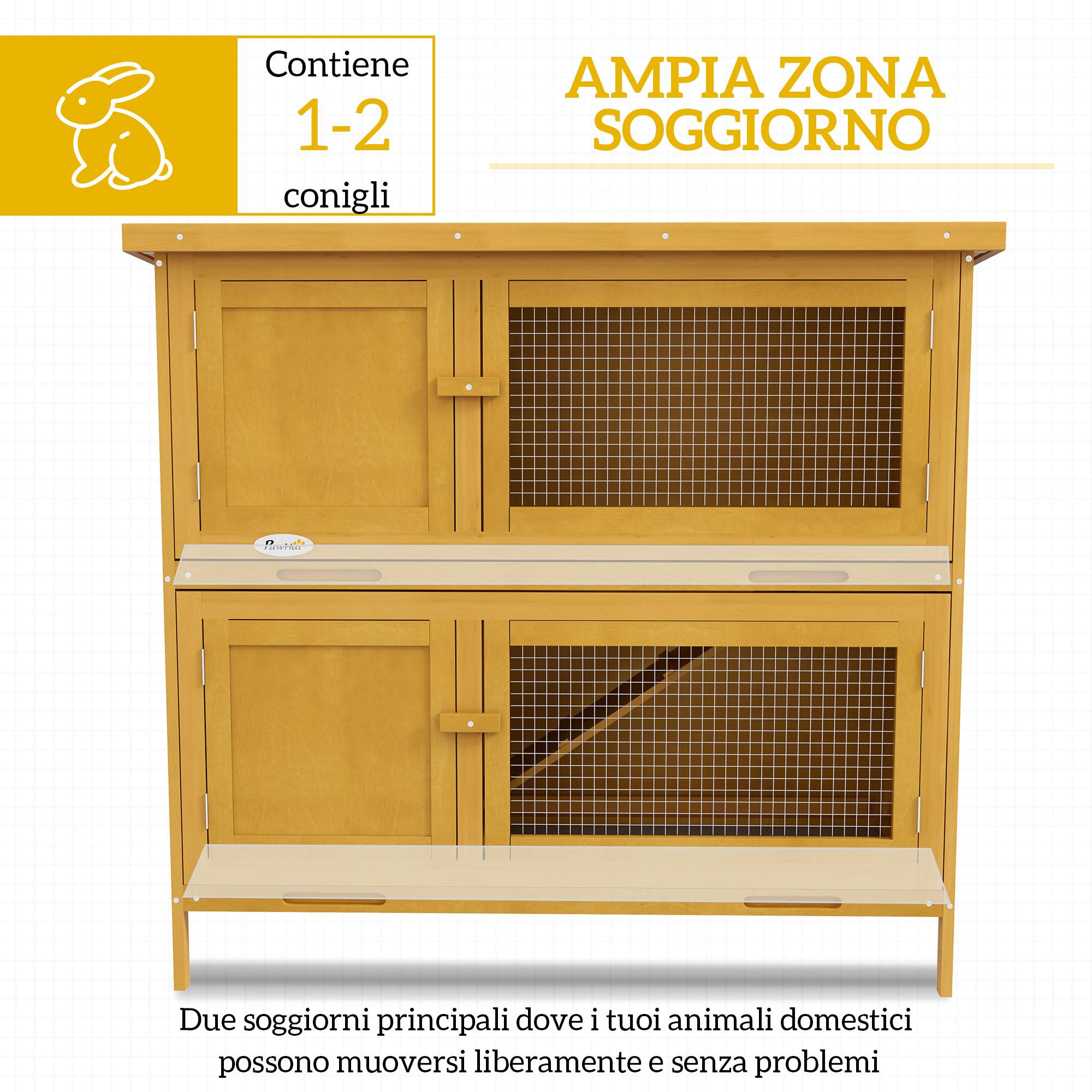 Clapier à lapins à 2 niveaux en bois de sapin et bitume avec rampe, 2 plateaux amovibles, 4 portes, 97 x 44 x 91 cm, jaune - Image 7