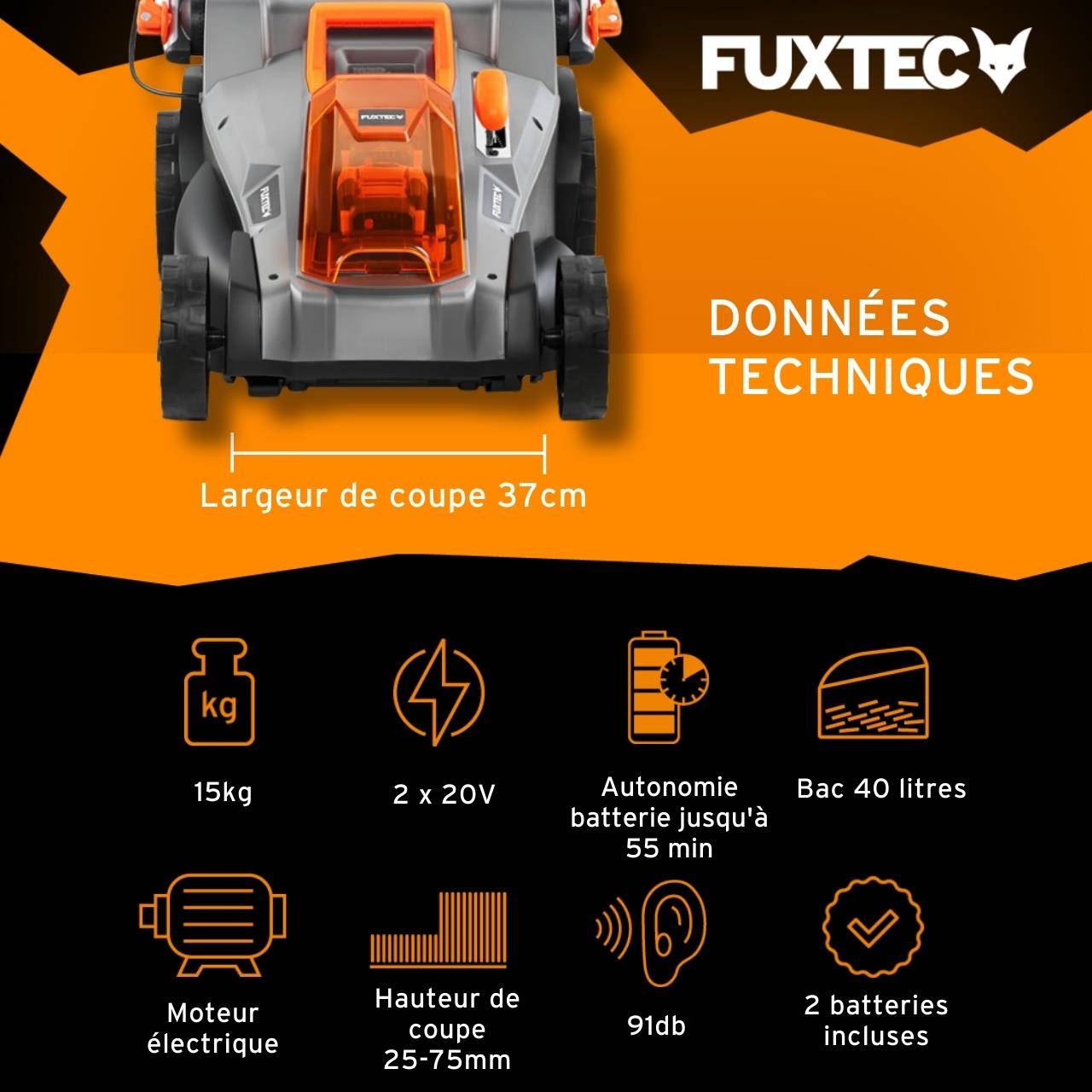 FUXTEC - Tondeuse gazon sans fil 40 V coupe 37 cm avec 2 batteries 4 Ah et bac 40 L – Fuxtec - Image 3