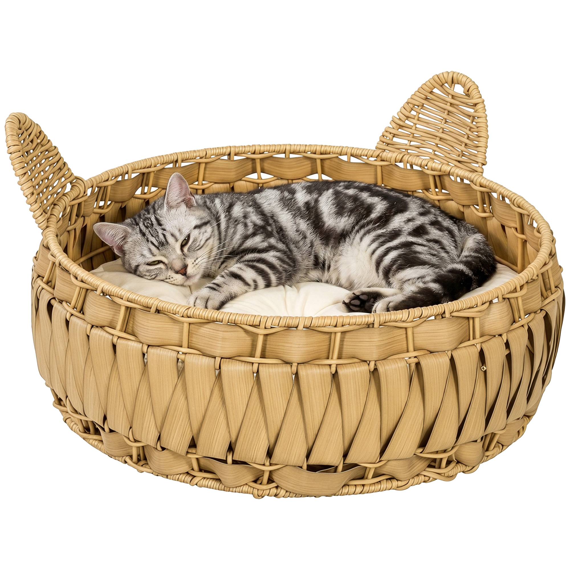 Lit pour chat en rotin, niche pour chat avec coussin amovible, panier pour chat jusqu’à 10 kg, 50 x 50 x 25 cm, marron clair - Image 1