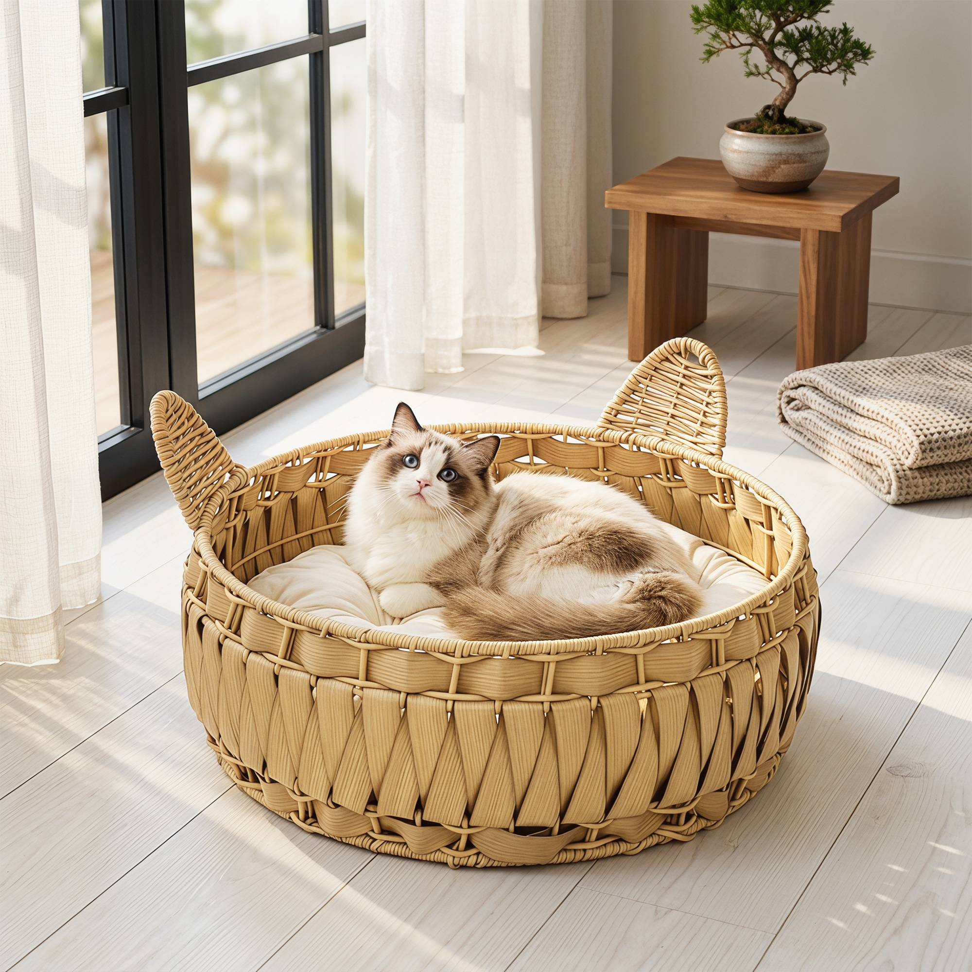 Lit pour chat en rotin, niche pour chat avec coussin amovible, panier pour chat jusqu’à 10 kg, 50 x 50 x 25 cm, marron clair - Image 3